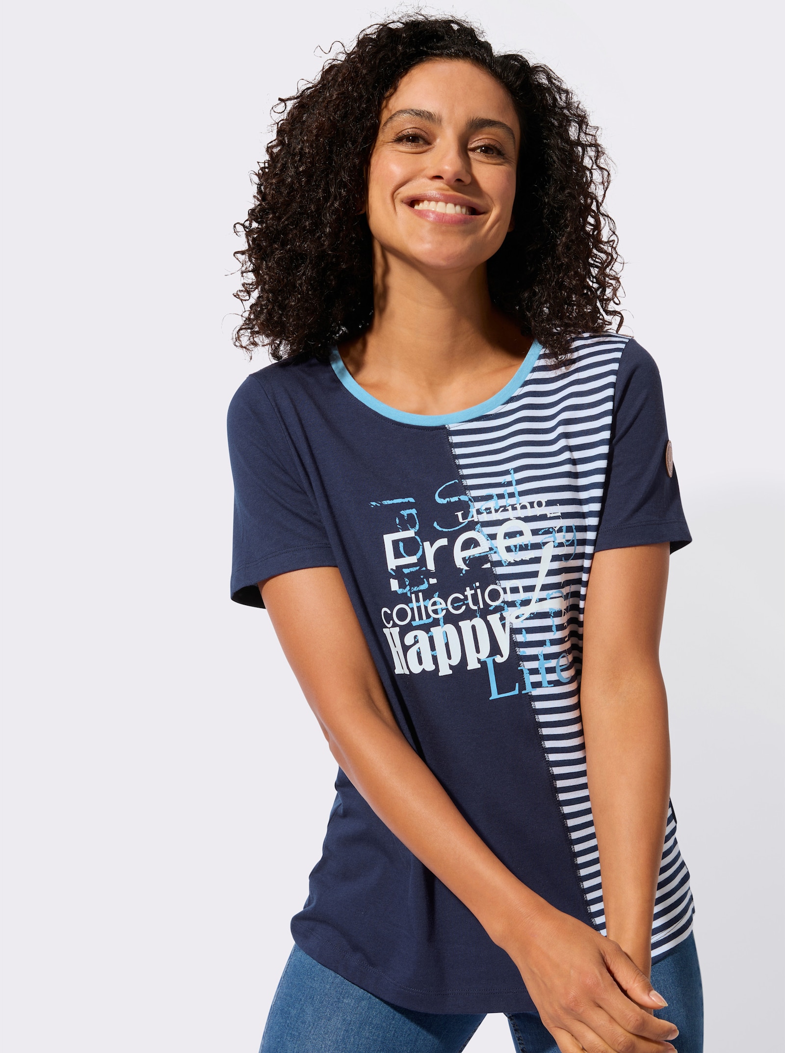 Rundhalsshirt mit Schriftzug und Streifen-Print - marine-himmelblau-bedruckt