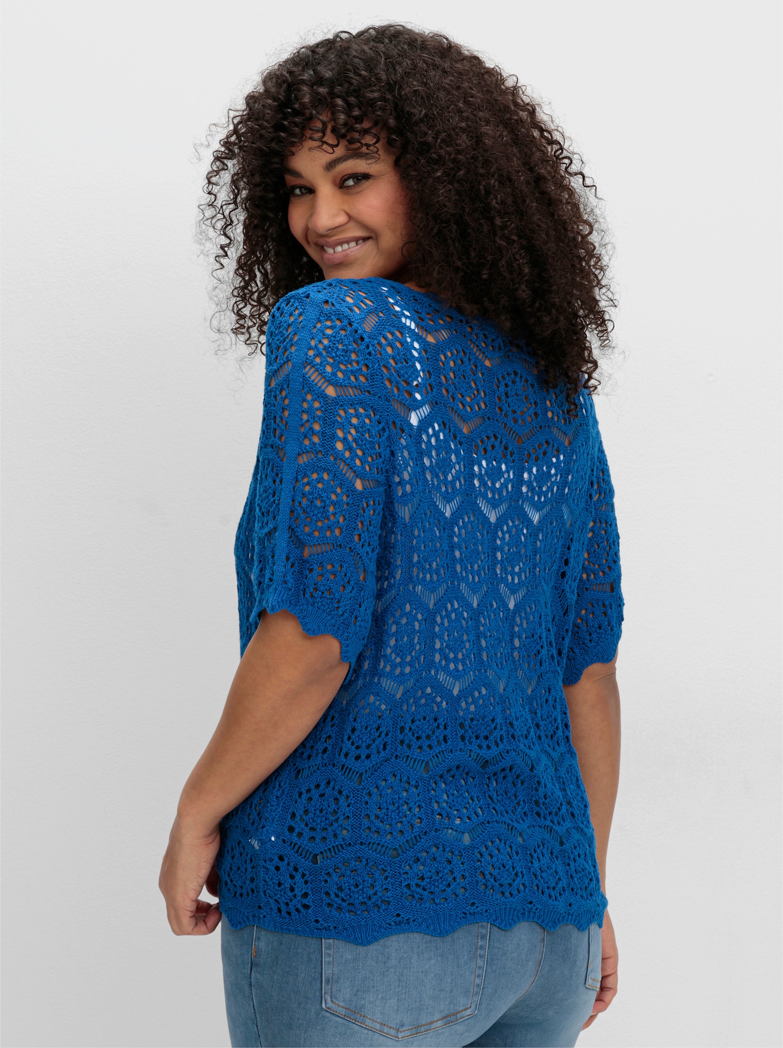 sheego by Joe Browns Ajourstrickjacke mit kurzem Arm - kobaltblau