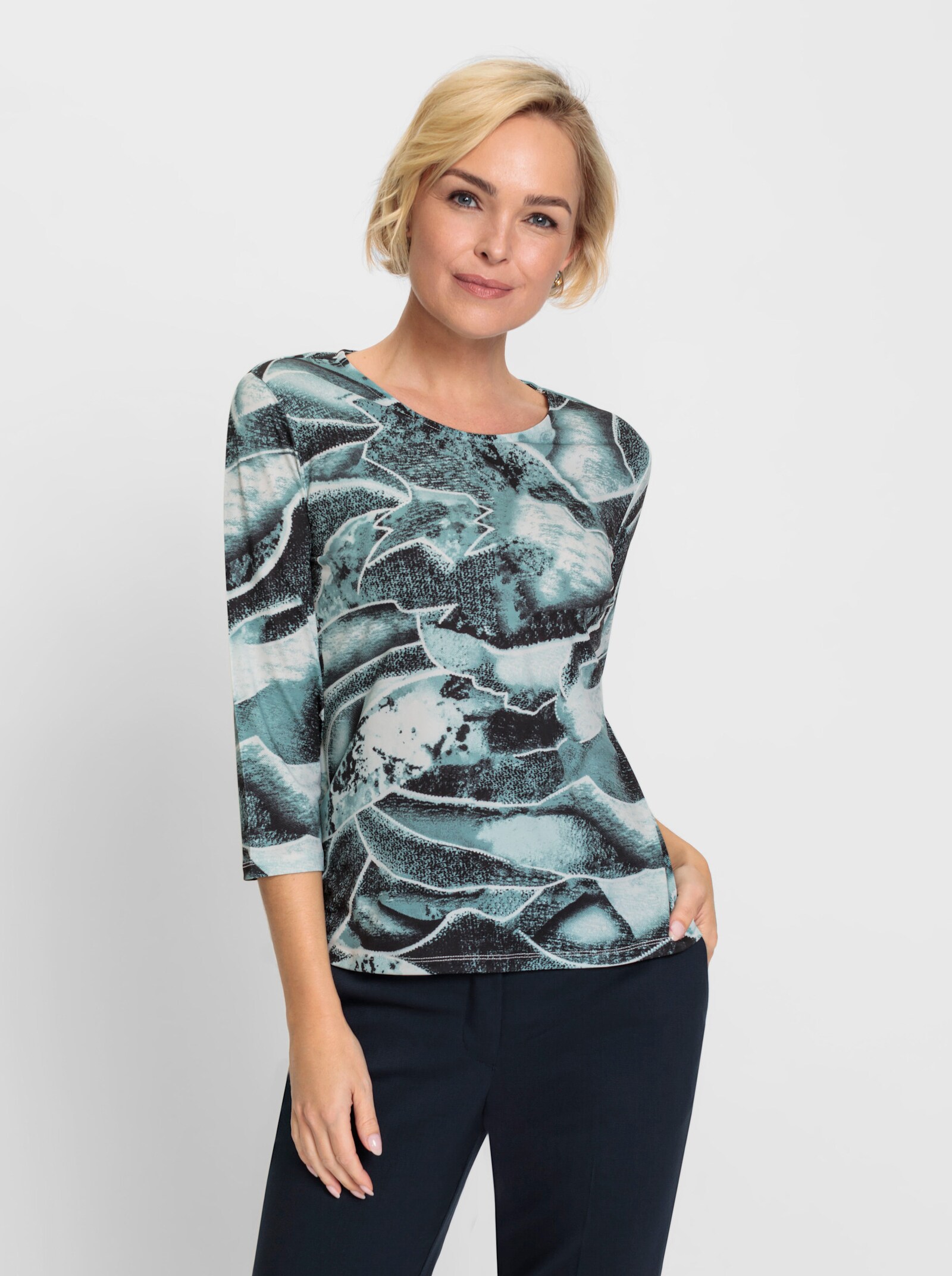 Tričko s kulatým výstřihem a grafickým vzorem - nefritová-bílá-potisk