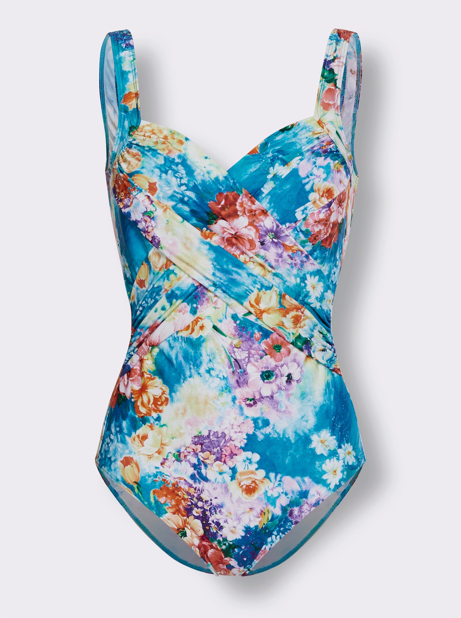 Badpak in wikkellook - aquamarine/roze bedrukt