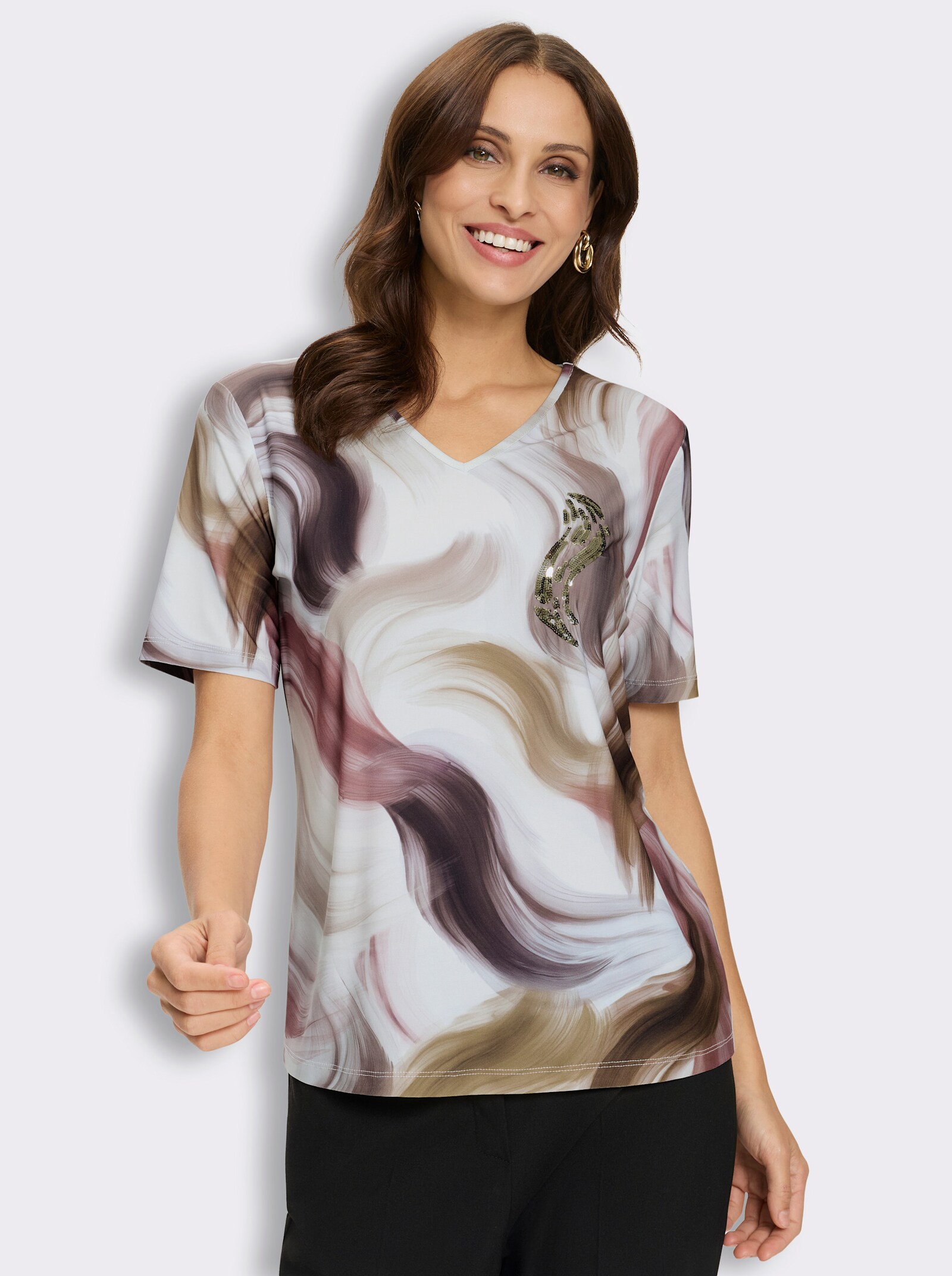 V-Shirt mit Pailletten - ecru-braun-bedruckt