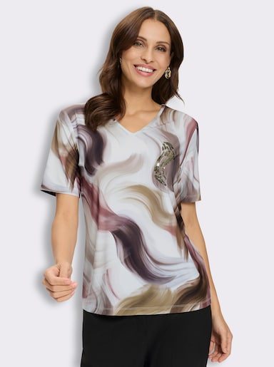 V-Shirt mit Pailletten - ecru-braun-bedruckt