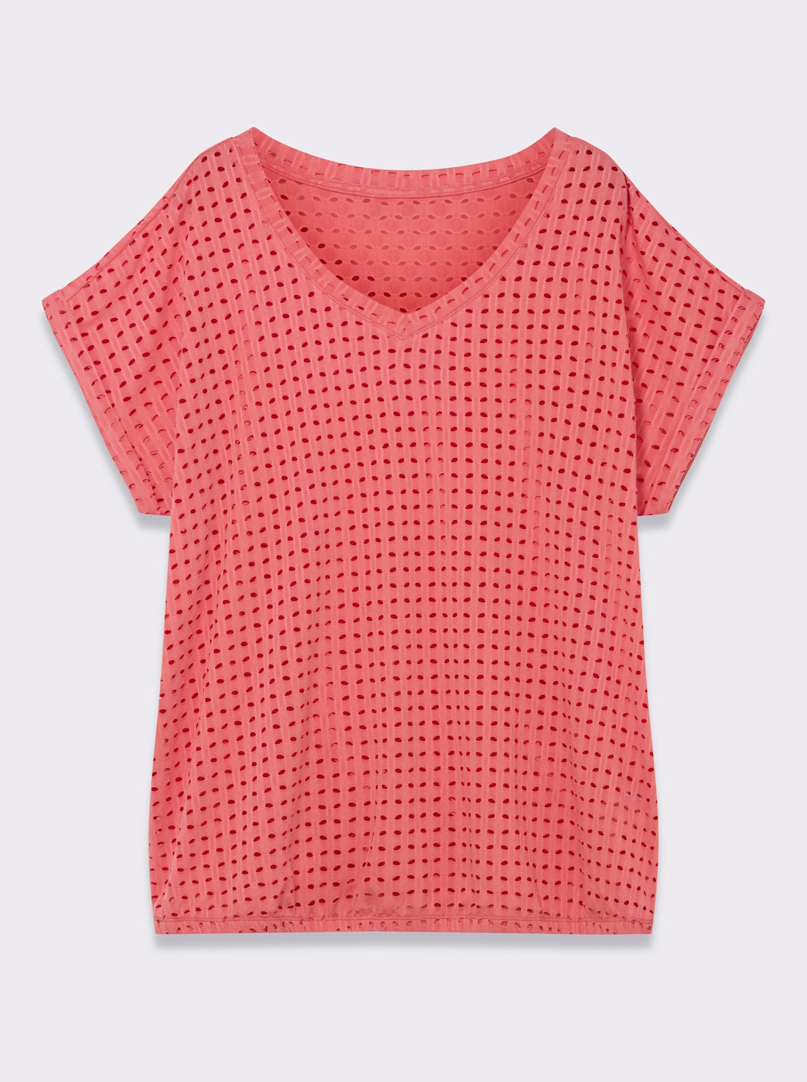 Kurzarmshirt mit Lochmuster - koralle