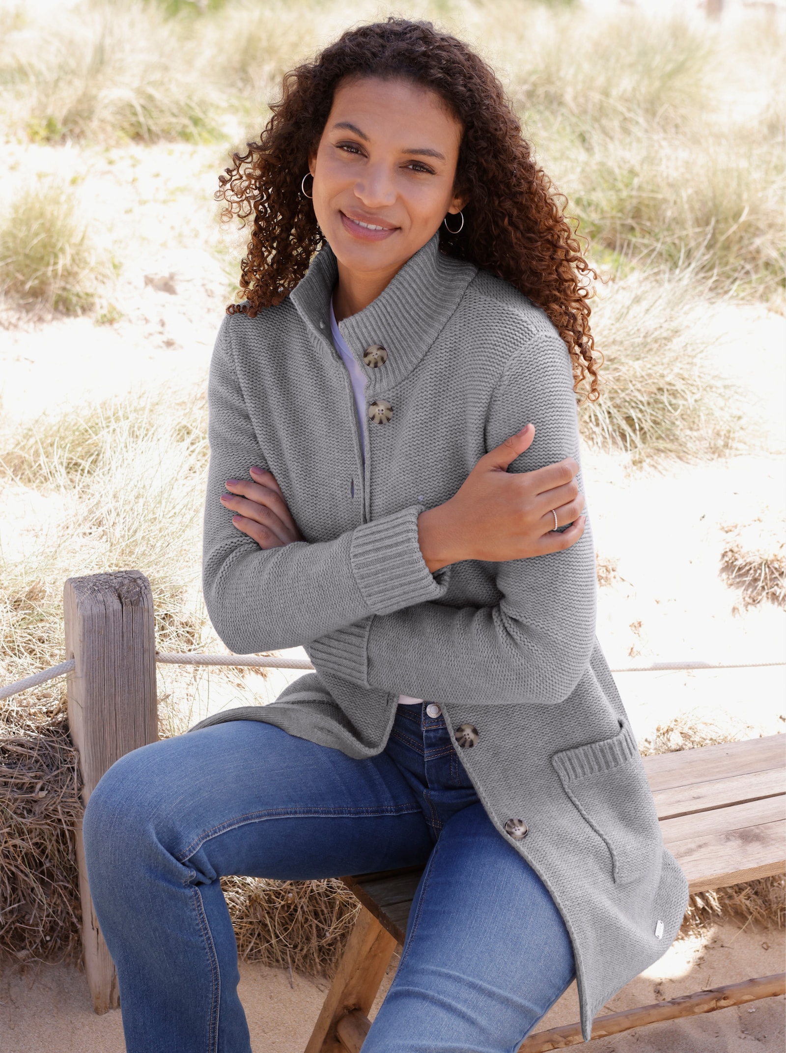 Longstrickjacke im modischen Linksstrick - steingrau-meliert