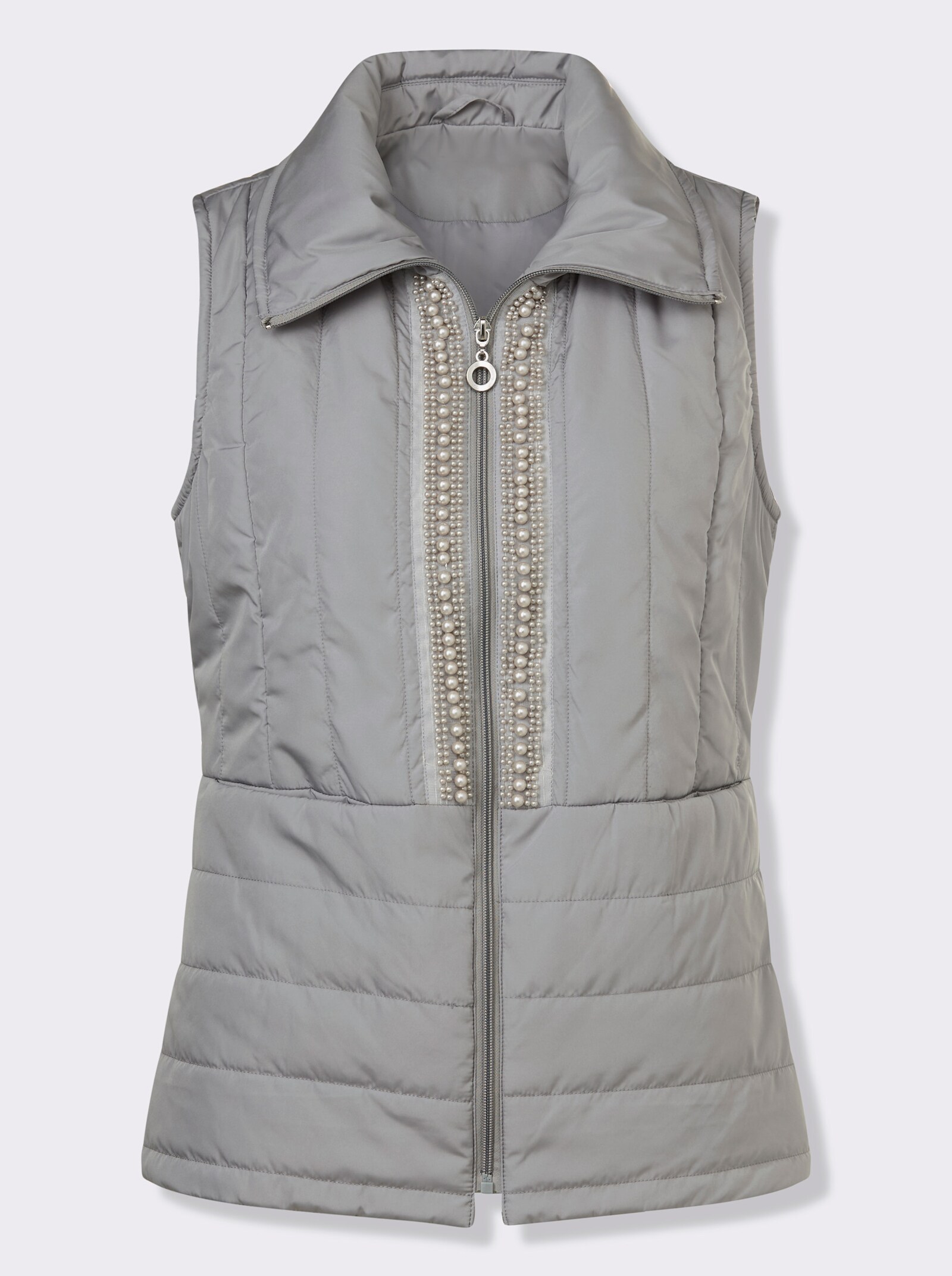 Steppweste mit Zierperlen am Reißverschluss - steingrau