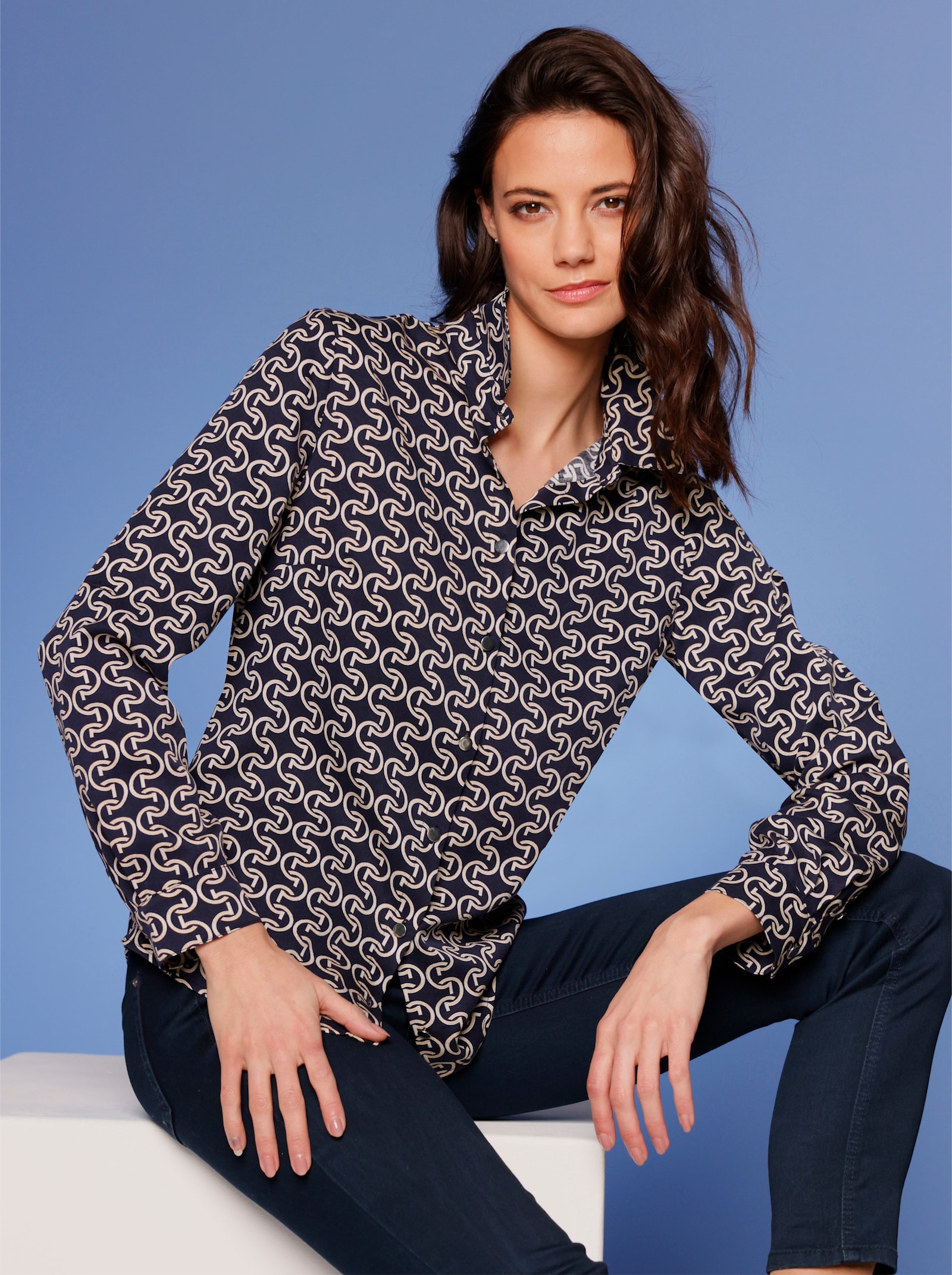 CREATION L PREMIUM Hemdbluse in Lyocell-Qualität - marine-camel-bedruckt