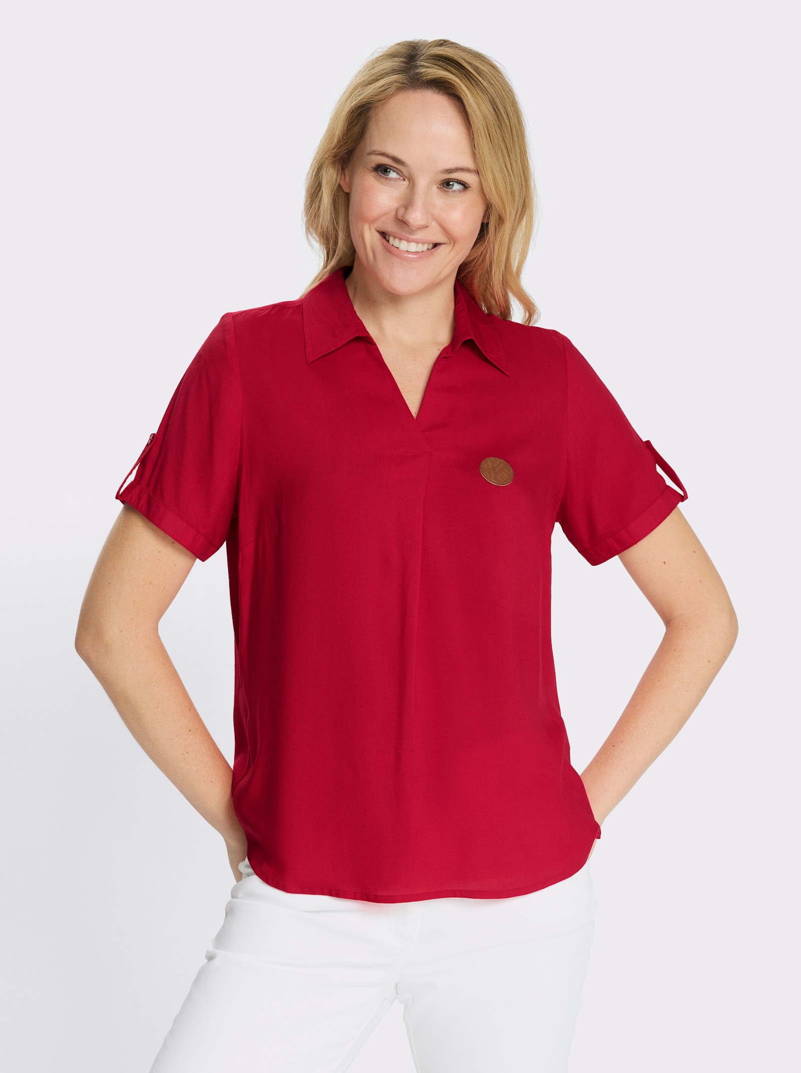 Kurzarmbluse mit Applikation in Leder-Optik - rot