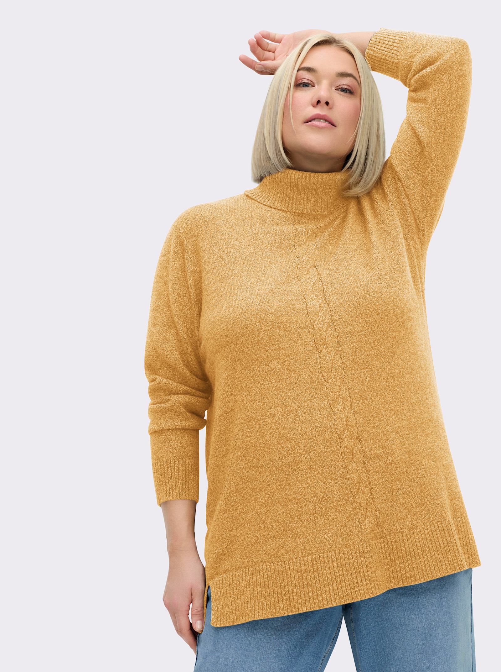 sheego Rollkragenpullover mit Zopfmuster vorn - ocker-meliert