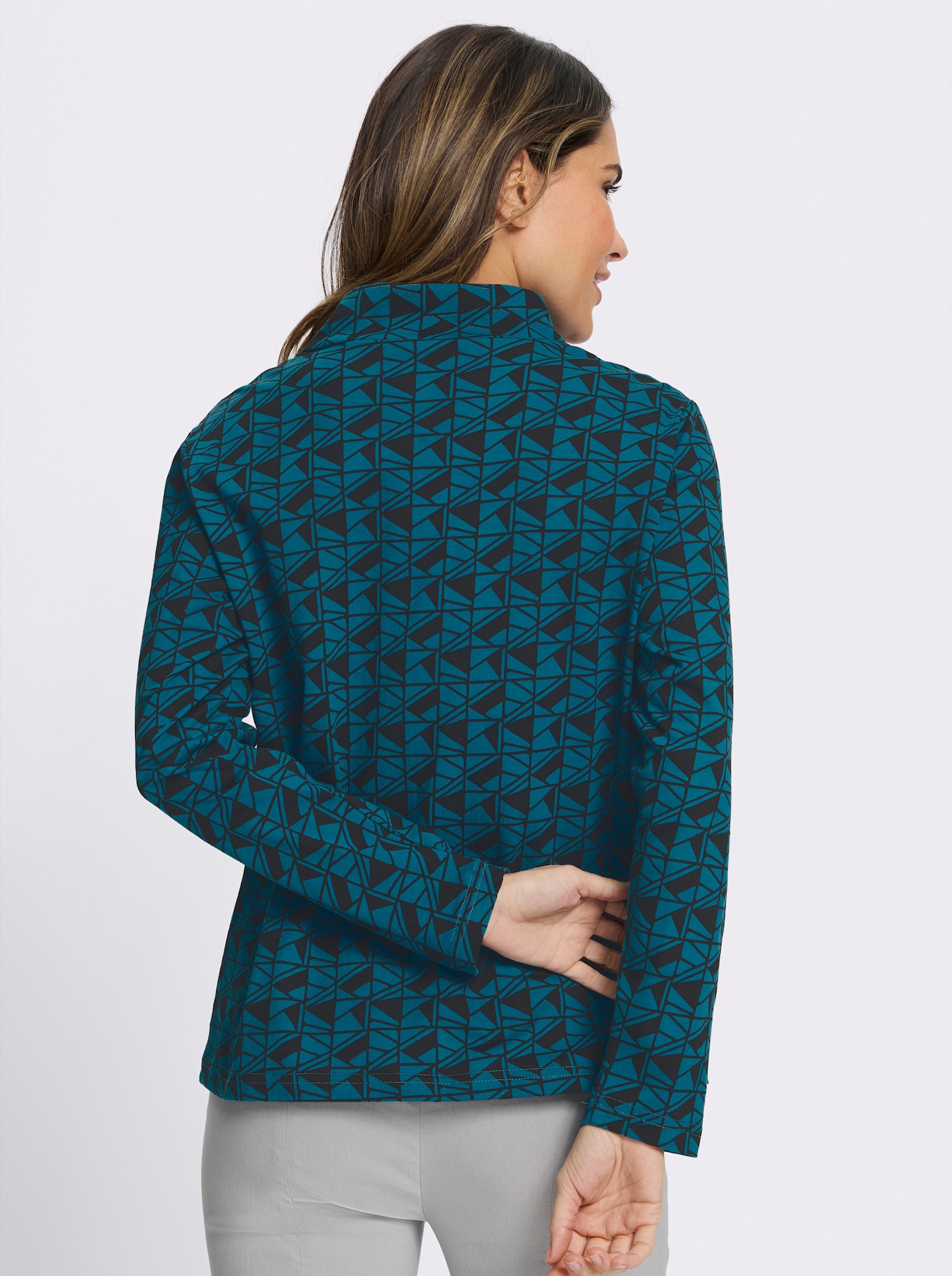 Stehkragenshirt im grafischen Minimal-Dessin - aquapetrol-schwarz-bedruckt