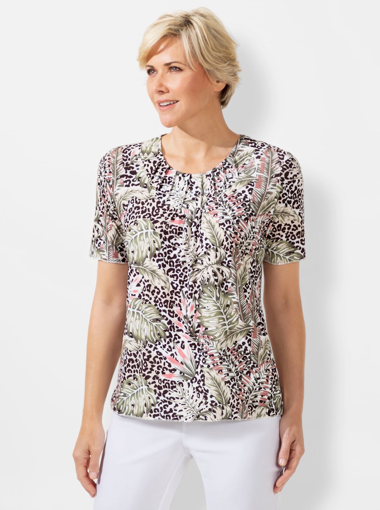 Shirt met ronde hals - ecru/kaki geprint