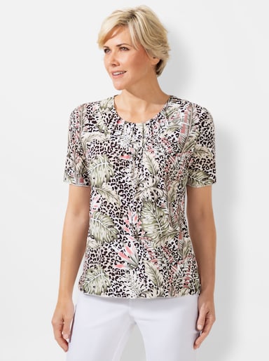 Rundhalsshirt im Muster-Mix - ecru-khaki-bedruckt