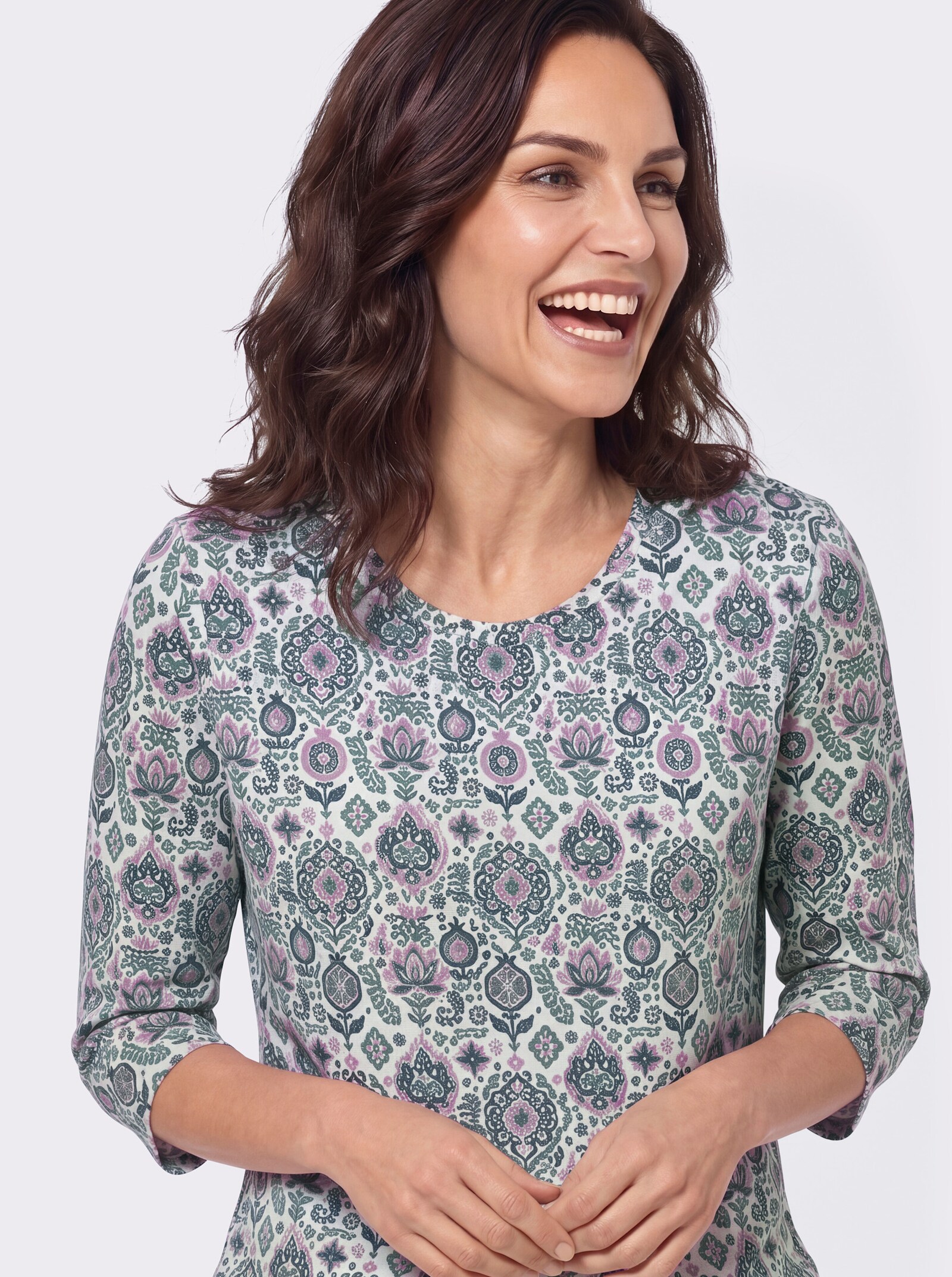 Print-Shirt in ornamentalem Dessin - ecru-rauchblau-bedruckt