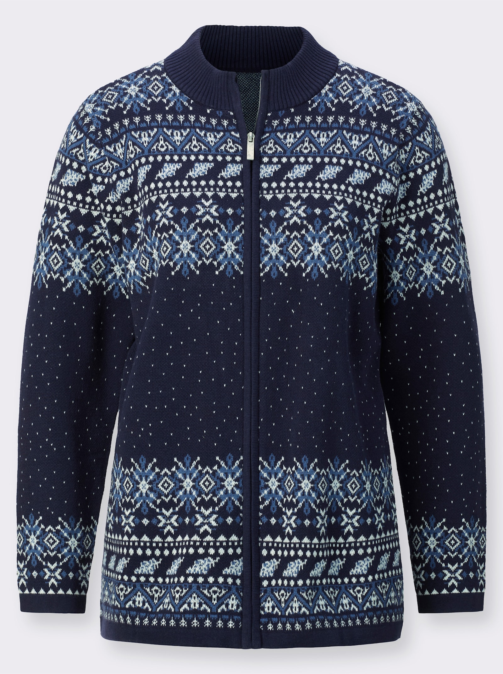 Jacquardstrickjacke im Norweger-Stil - marine-ecru-gemustert