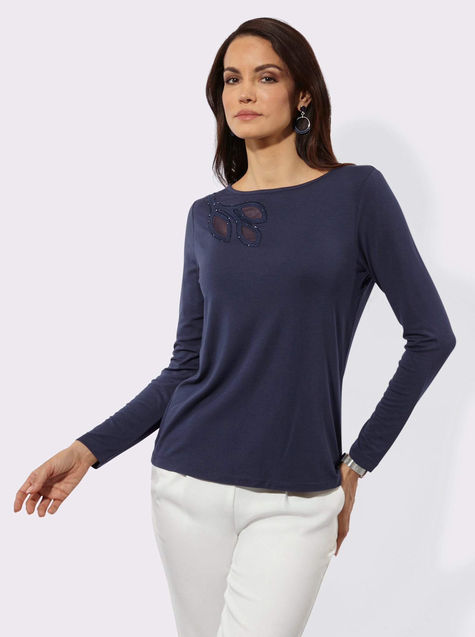 Langarmshirt mit Ziersteinchen - marine