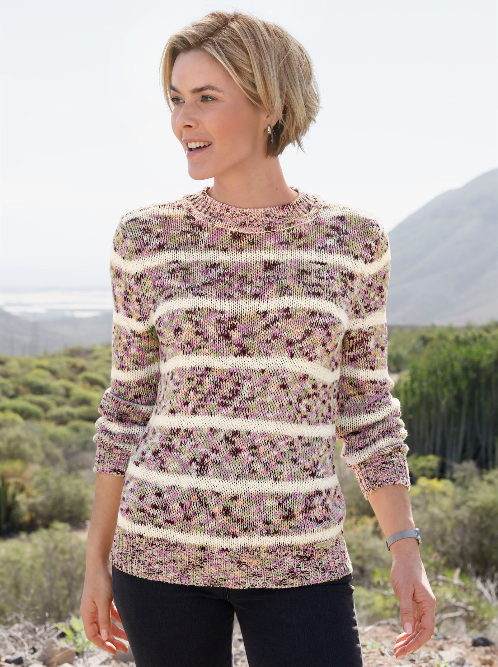 Rundhalspullover in Melange-Optik - mauve-ecru-geringelt
