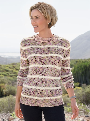 Rundhalspullover in Melange-Optik - mauve-ecru-geringelt
