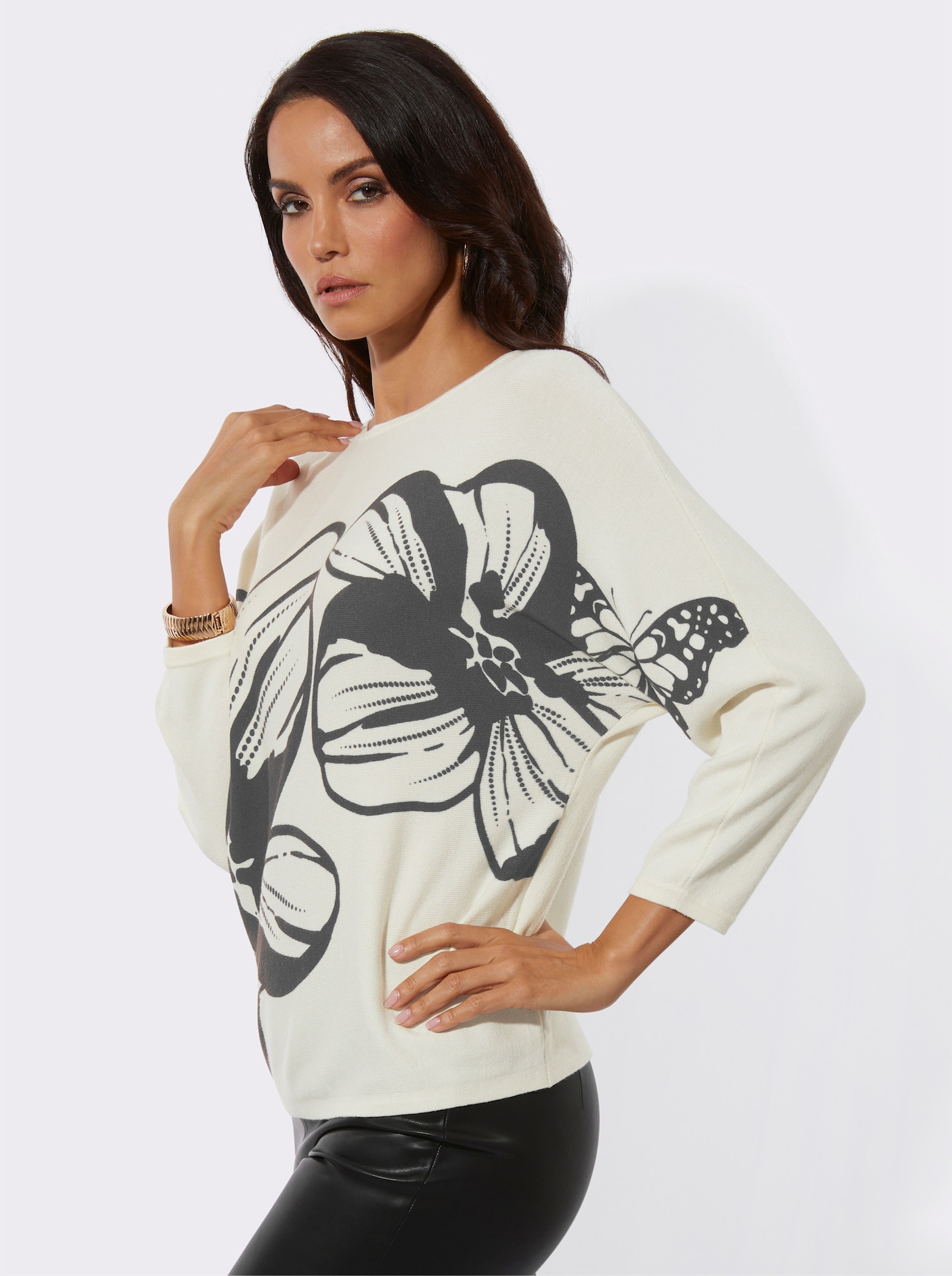 Feinstrickpullover mit Blütenmotiv - champagner-graphit-bedruckt