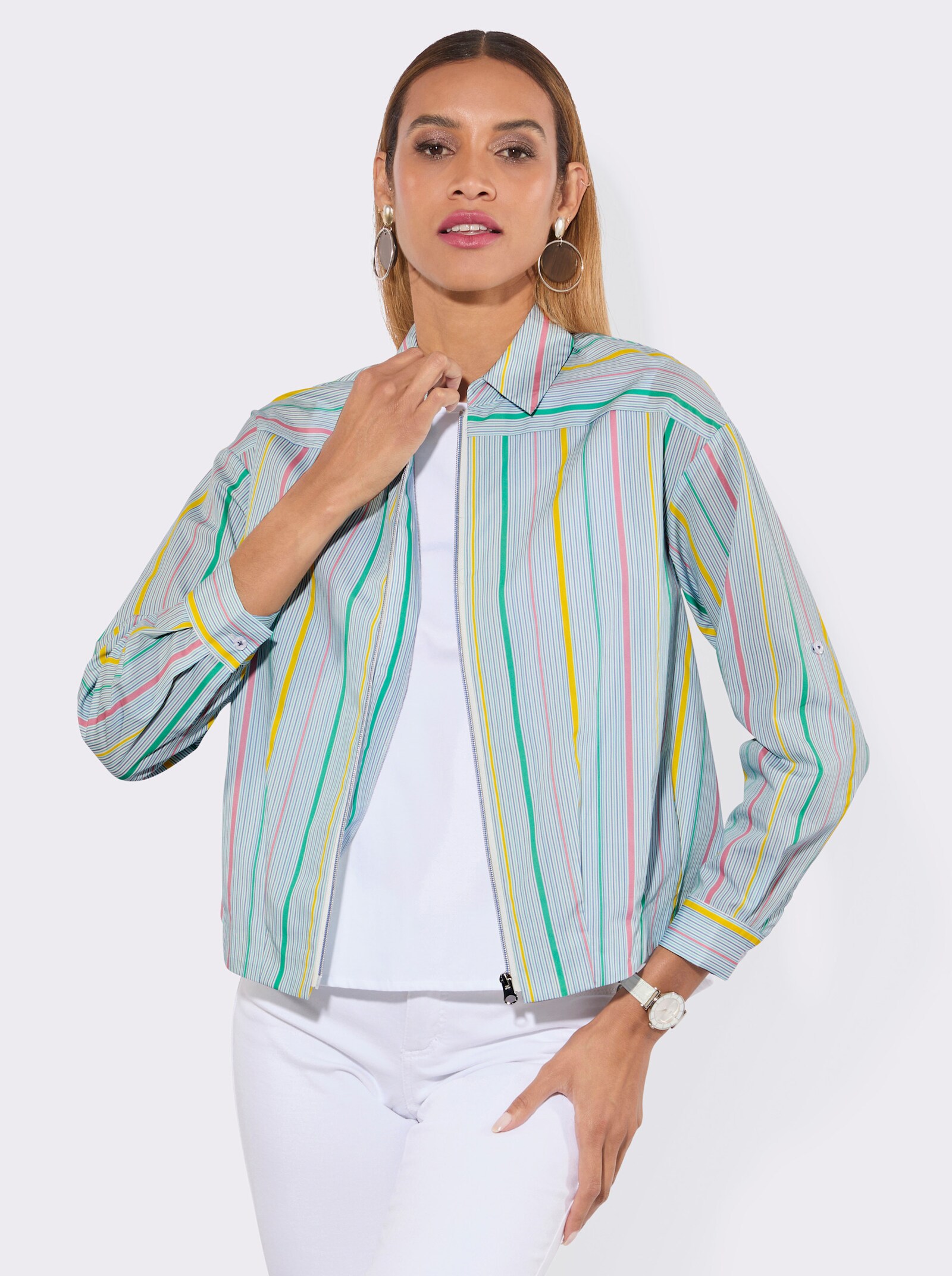 Hemdbluse mit Faltenpartie hinten - weiß-taubenblau-gestreift