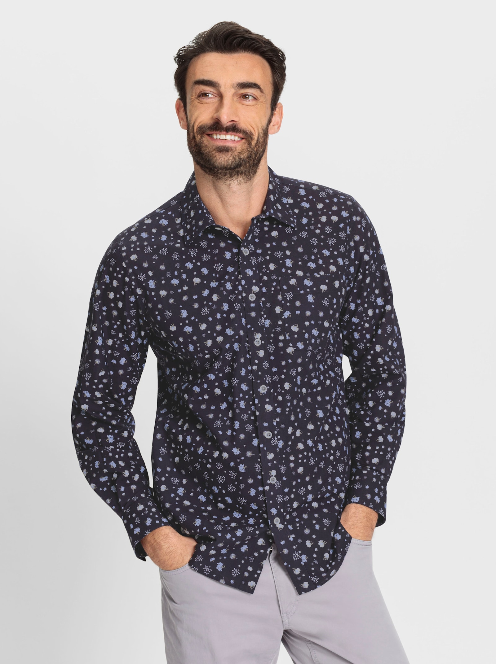 Marco Donati Langarmhemd mit floralem Print - marine-bedruckt