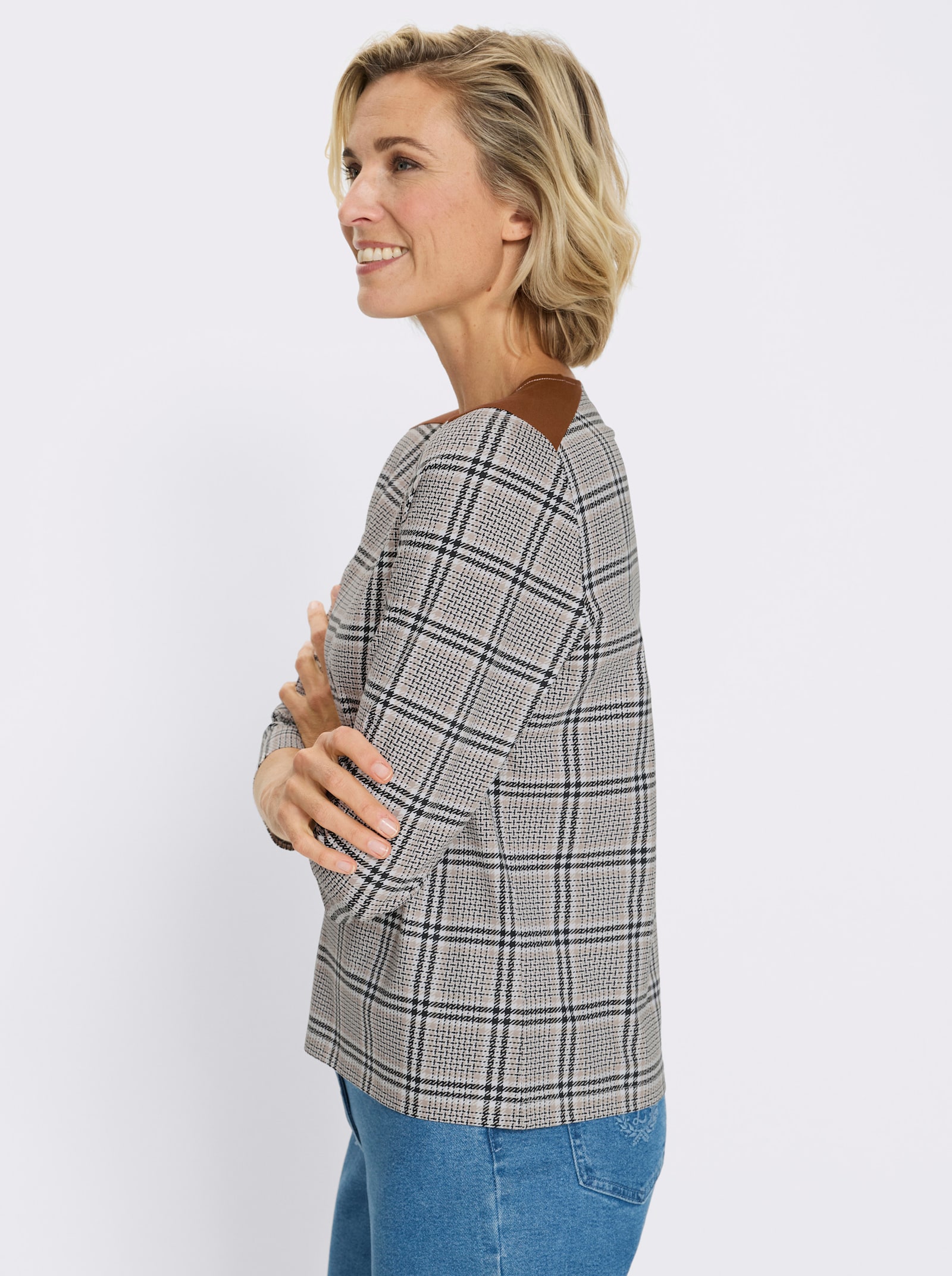 3/4-Arm-Shirt mit Glencheck-Muster - schwarz-cognac-bedruckt