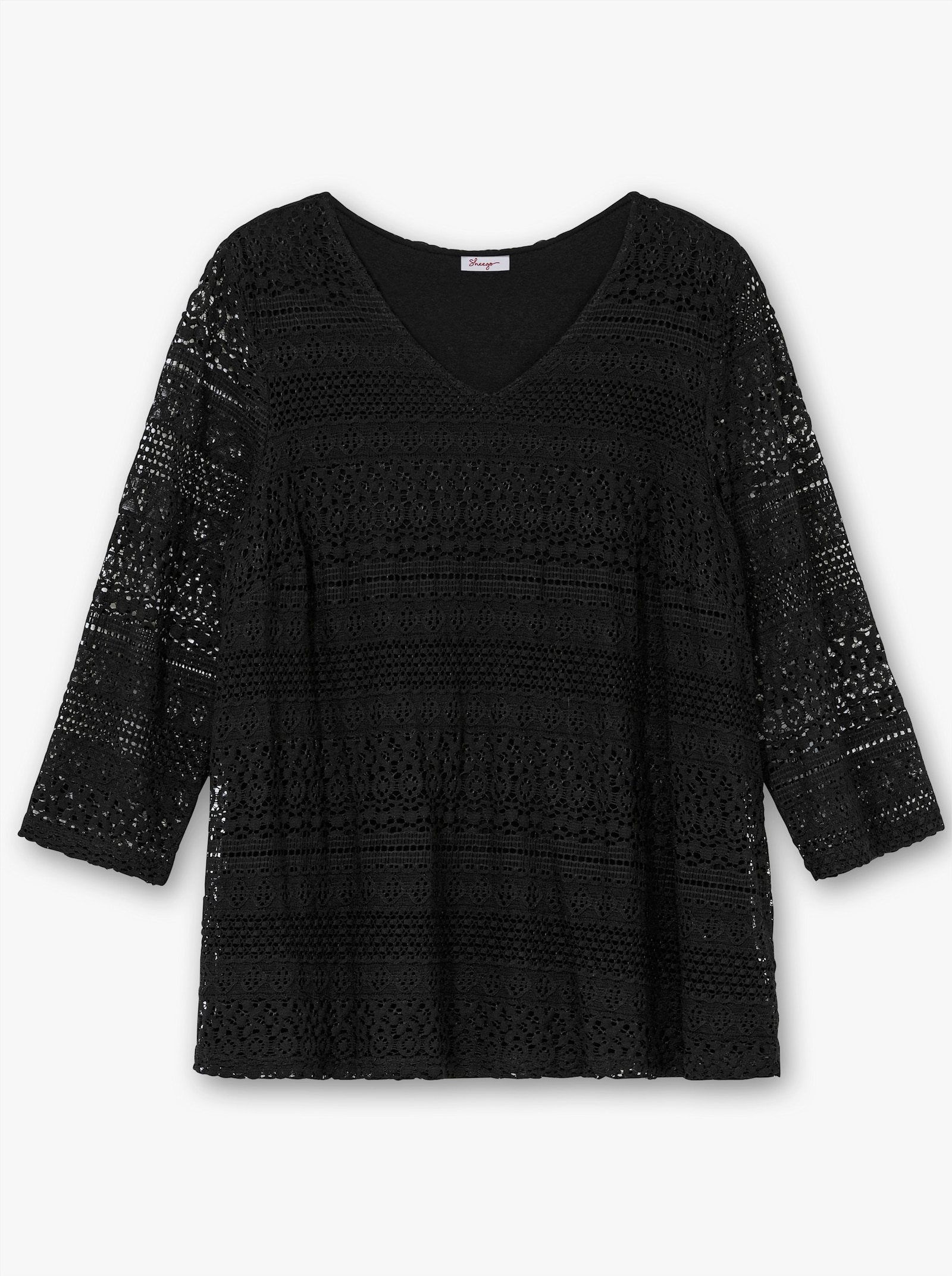 sheego Shirt met 3/4-mouwen van elastisch kant, gevoerd - zwart