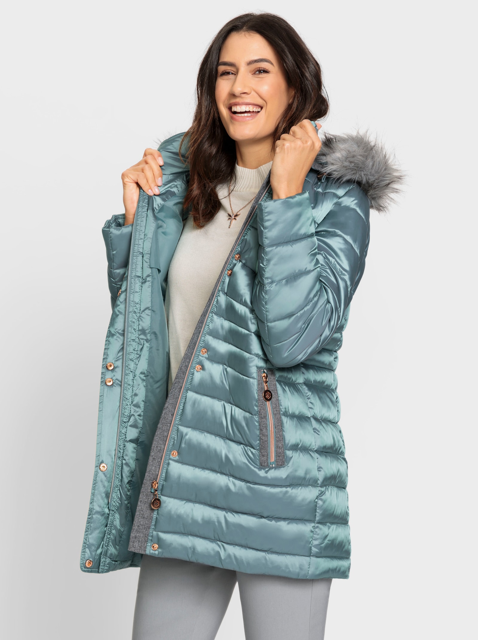 Steppjacke mit Pelz-Imitat - jade