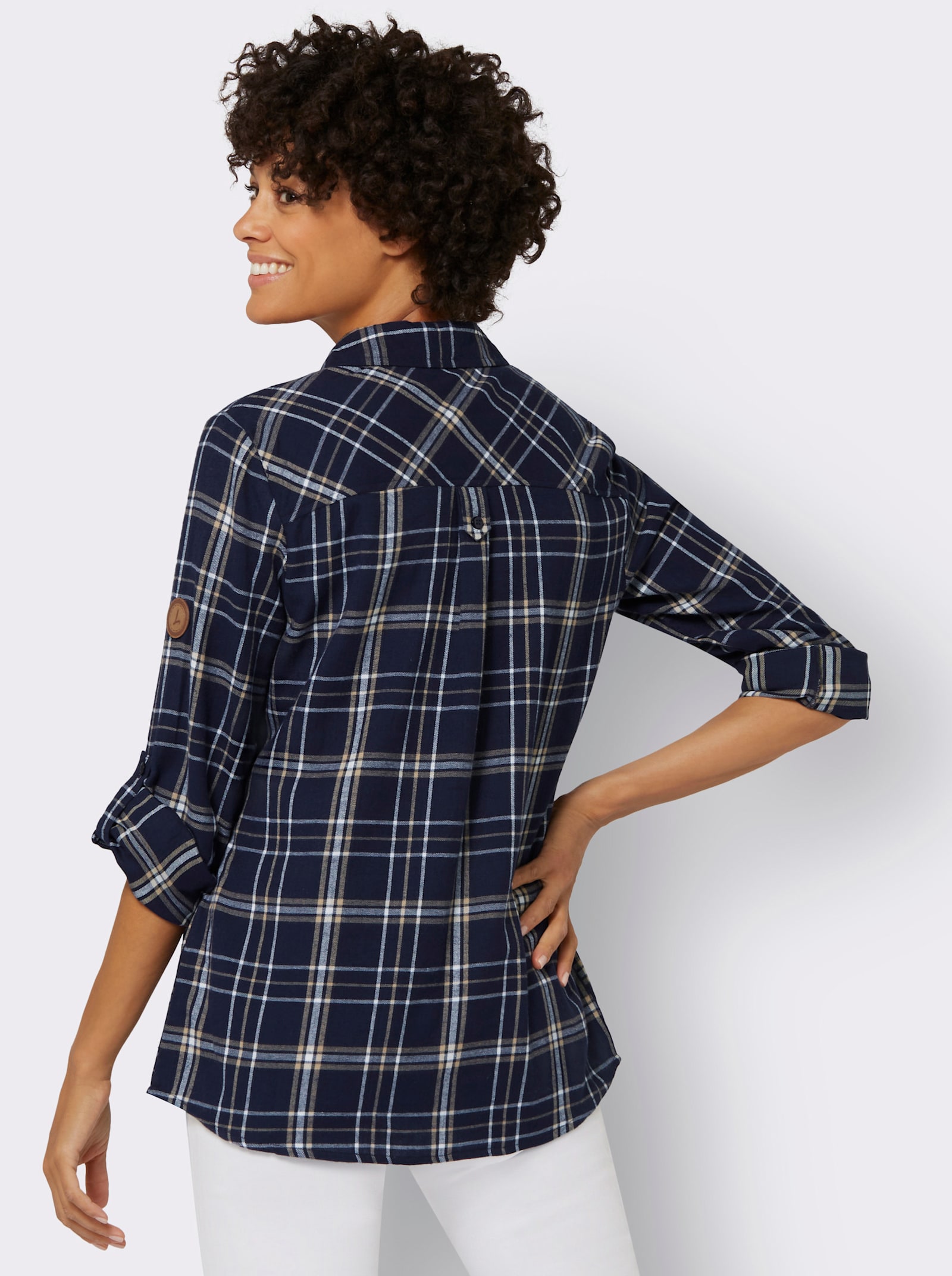 Flanellbluse mit krempelbaren Ärmeln - marine-weiß-kariert