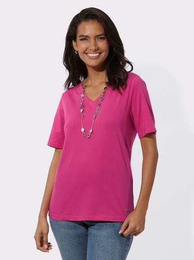 Kurzarmshirt mit V-Ausschnitt - fuchsia