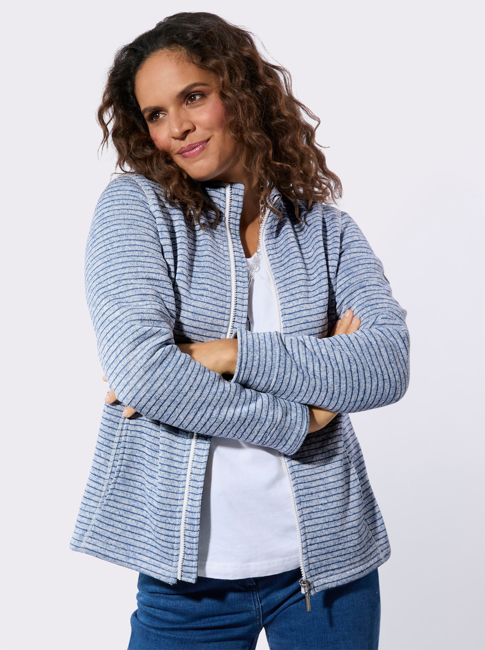 Strickfleecejacke mit Nahttaschen - jeansblau-meliert