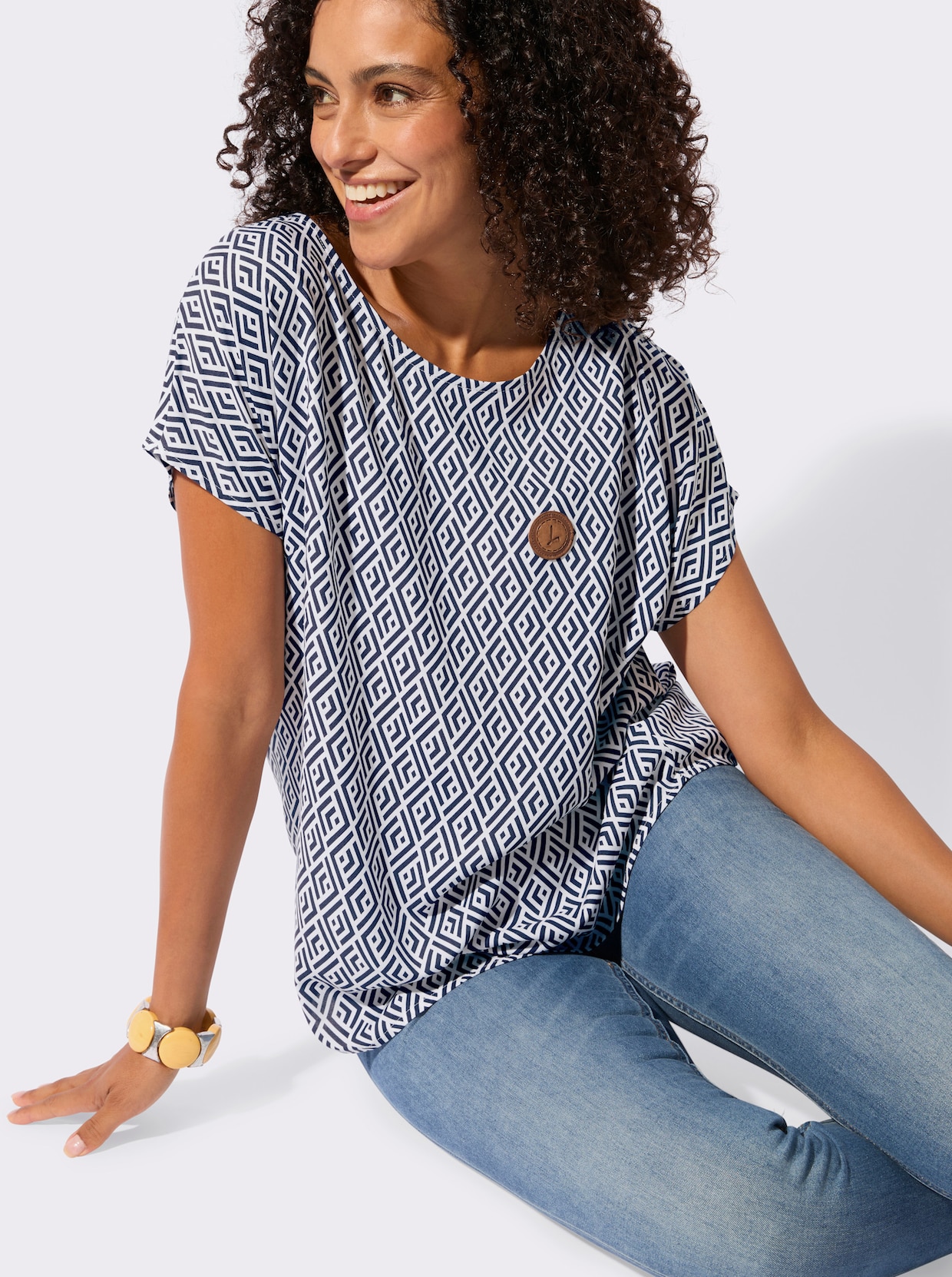 Druckbluse - ecru-marine-bedruckt