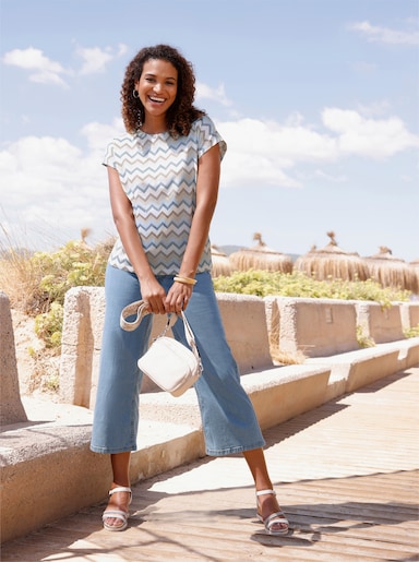 Kurzarmshirt im Zickzack-Muster - hellblau-beige-bedruckt