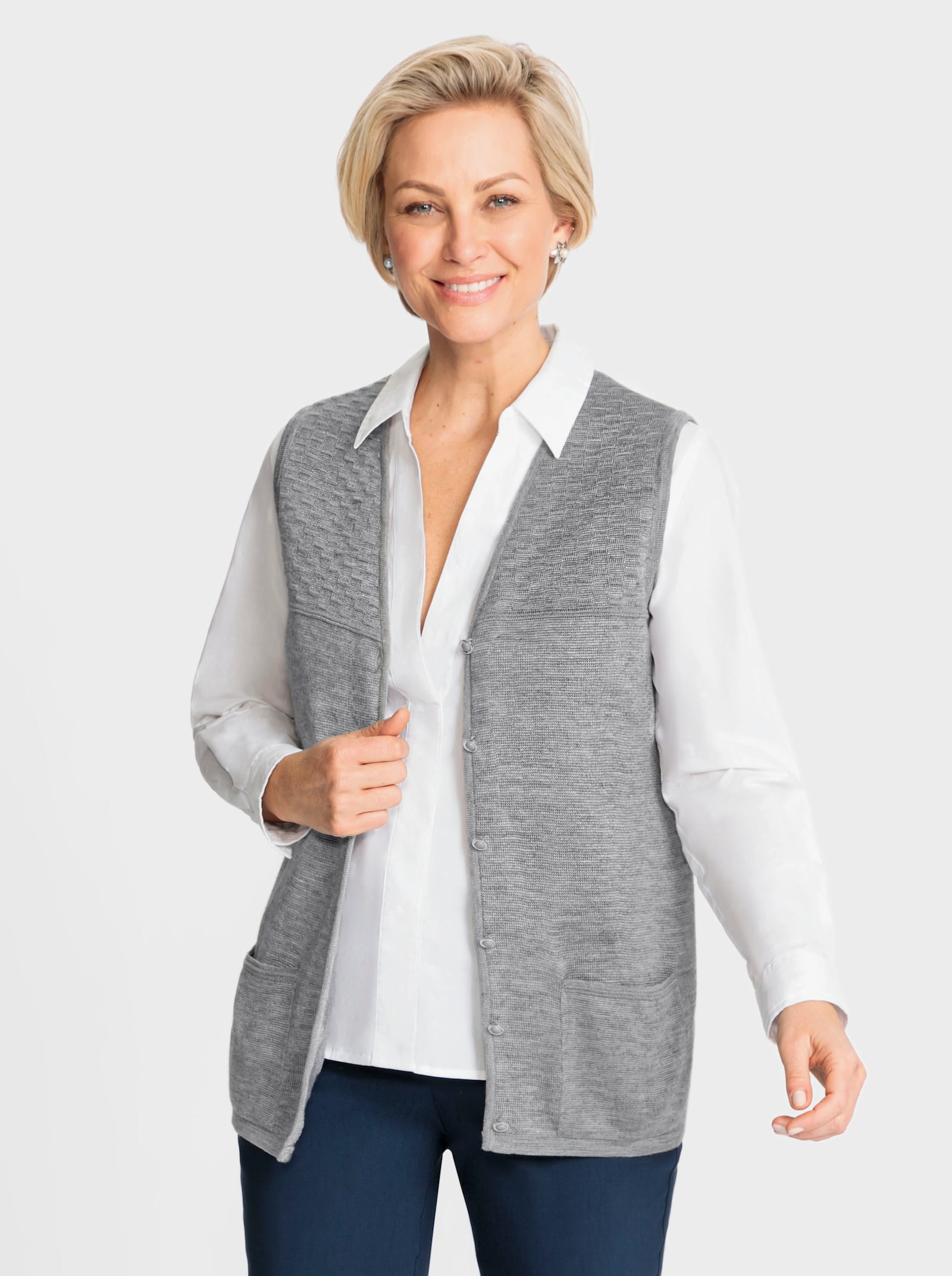 Strickweste mit Wabenmuster - steingrau-meliert