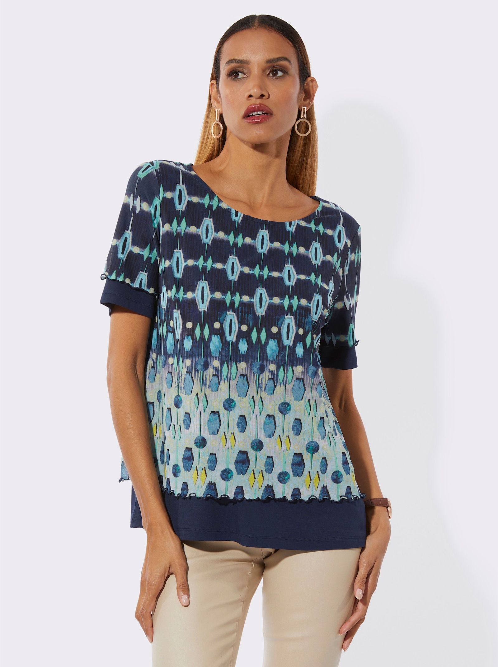 Rundhalsshirt im Lagenlook - marine-hellblau-bedruckt