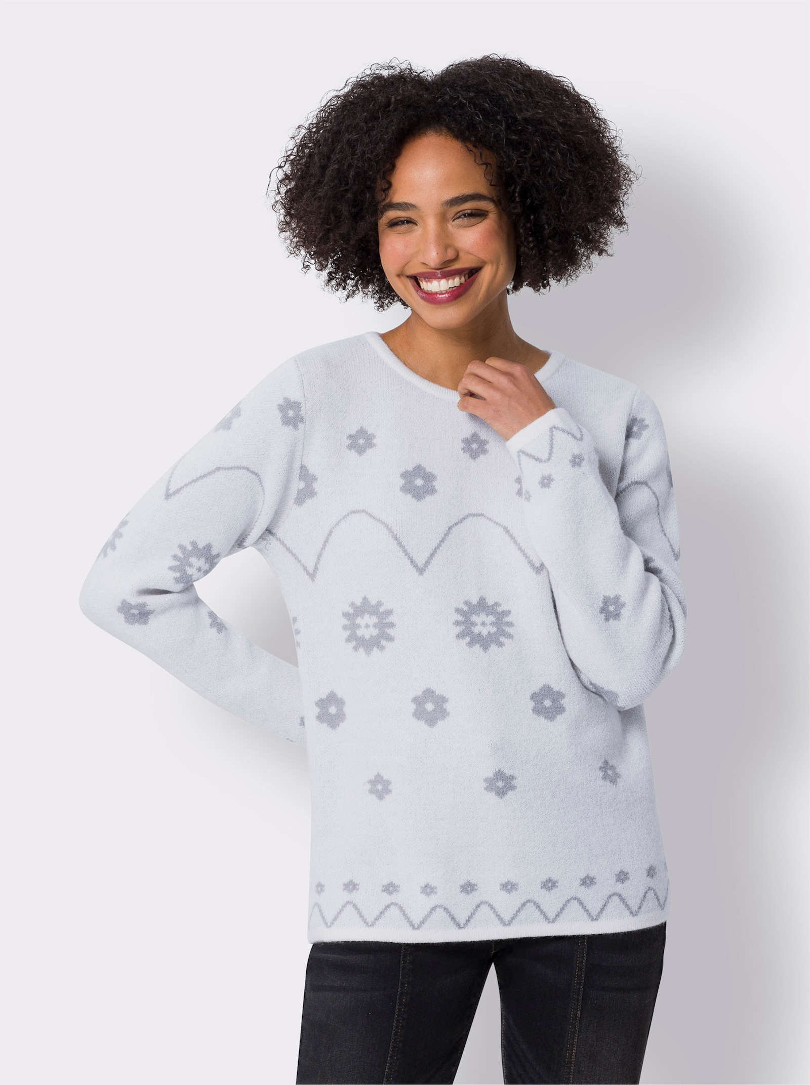 heine Langarm-Pullover mit Jacquard-Dessin - champagner-steingrau-gemustert