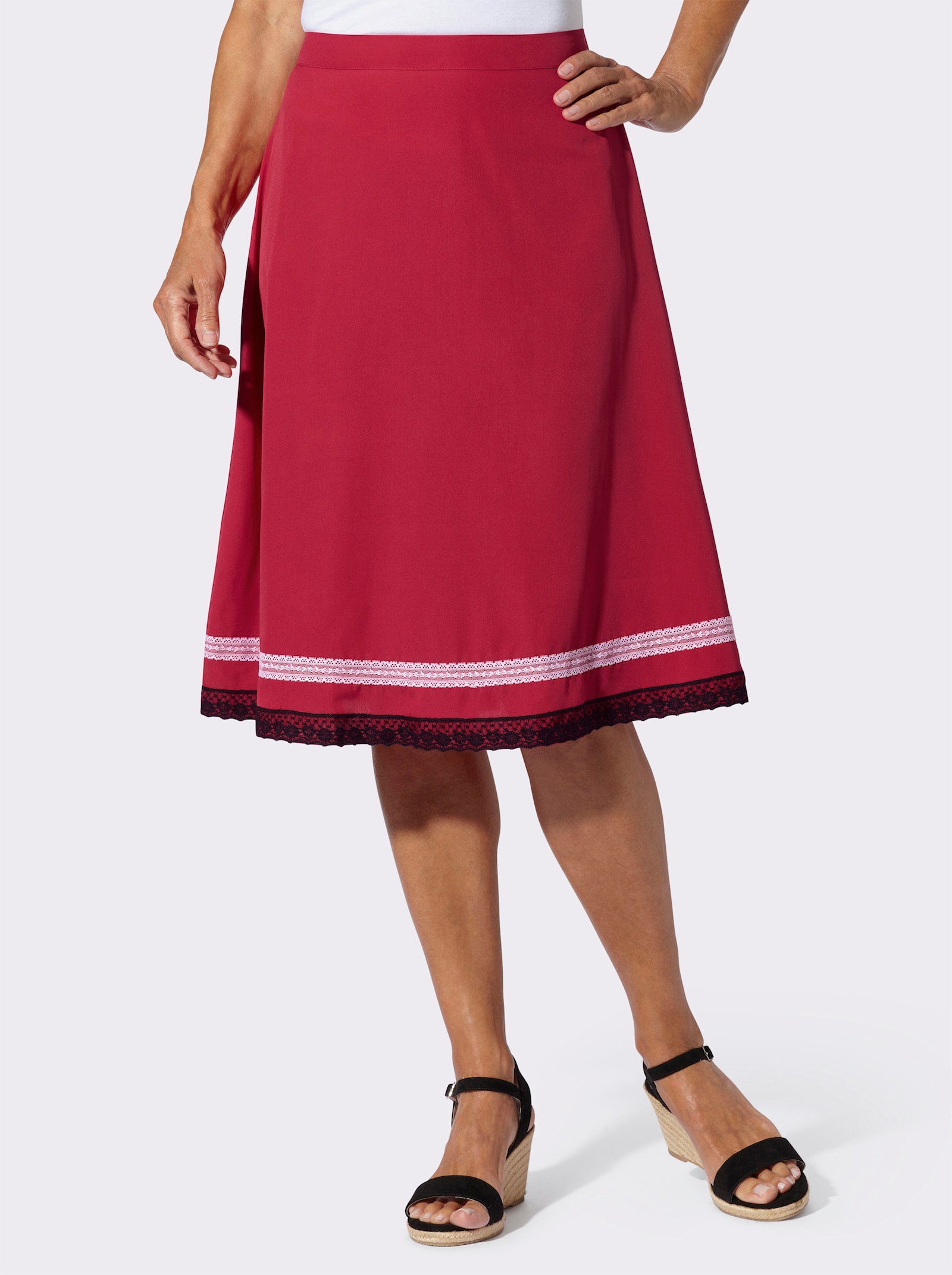 Trachtenrock mit Spitzenband am Saum - rot-schwarz