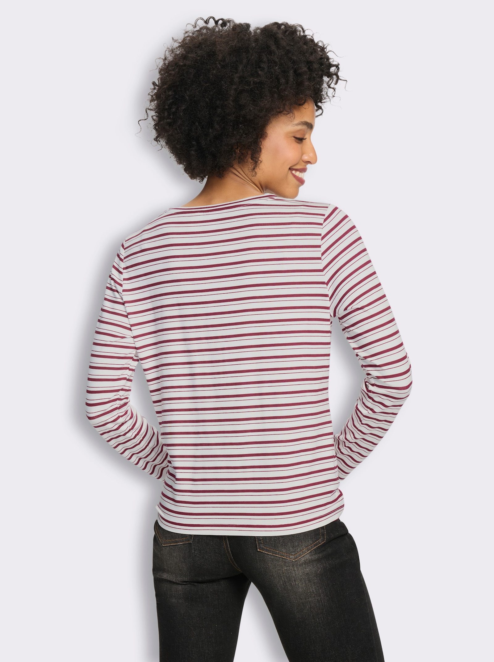 heine Langarmshirt mit Ringel- und Blüten-Print - bordeaux-ecru-geringelt