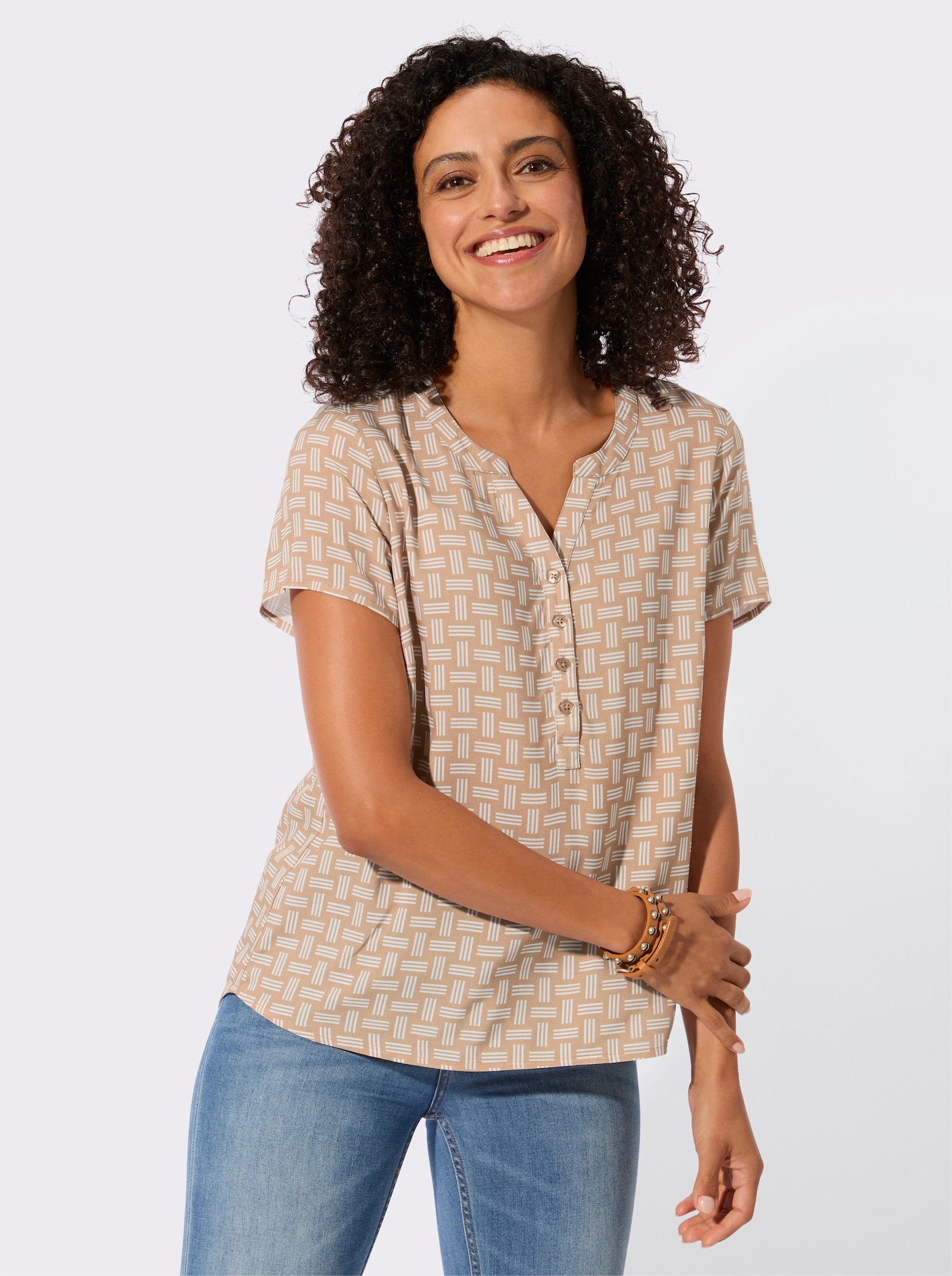 Druckbluse mit abgerundetem Saum - camel-ecru-bedruckt