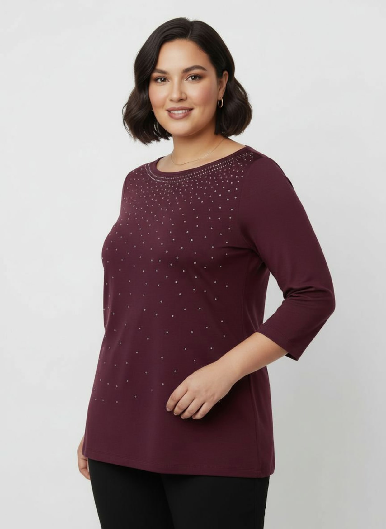 3/4-Arm-Shirt mit Glitzersteinchen - burgund