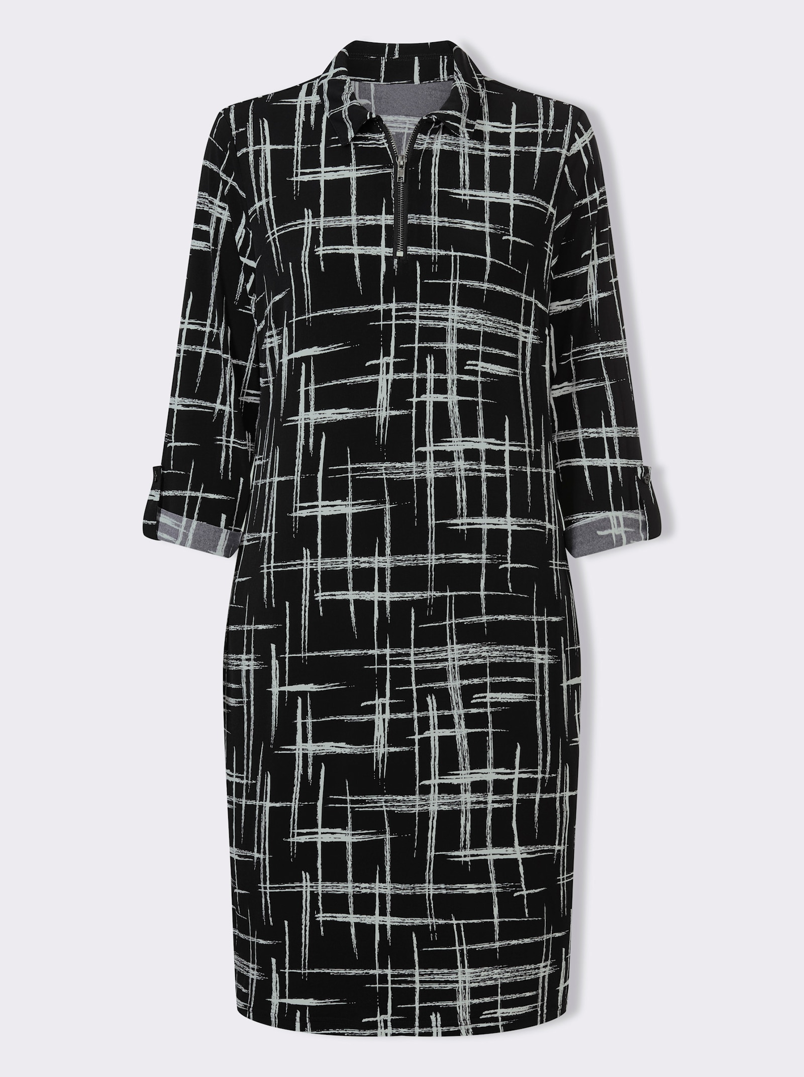 Druckkleid mit Krempelärmeln - schwarz-weiß-bedruckt