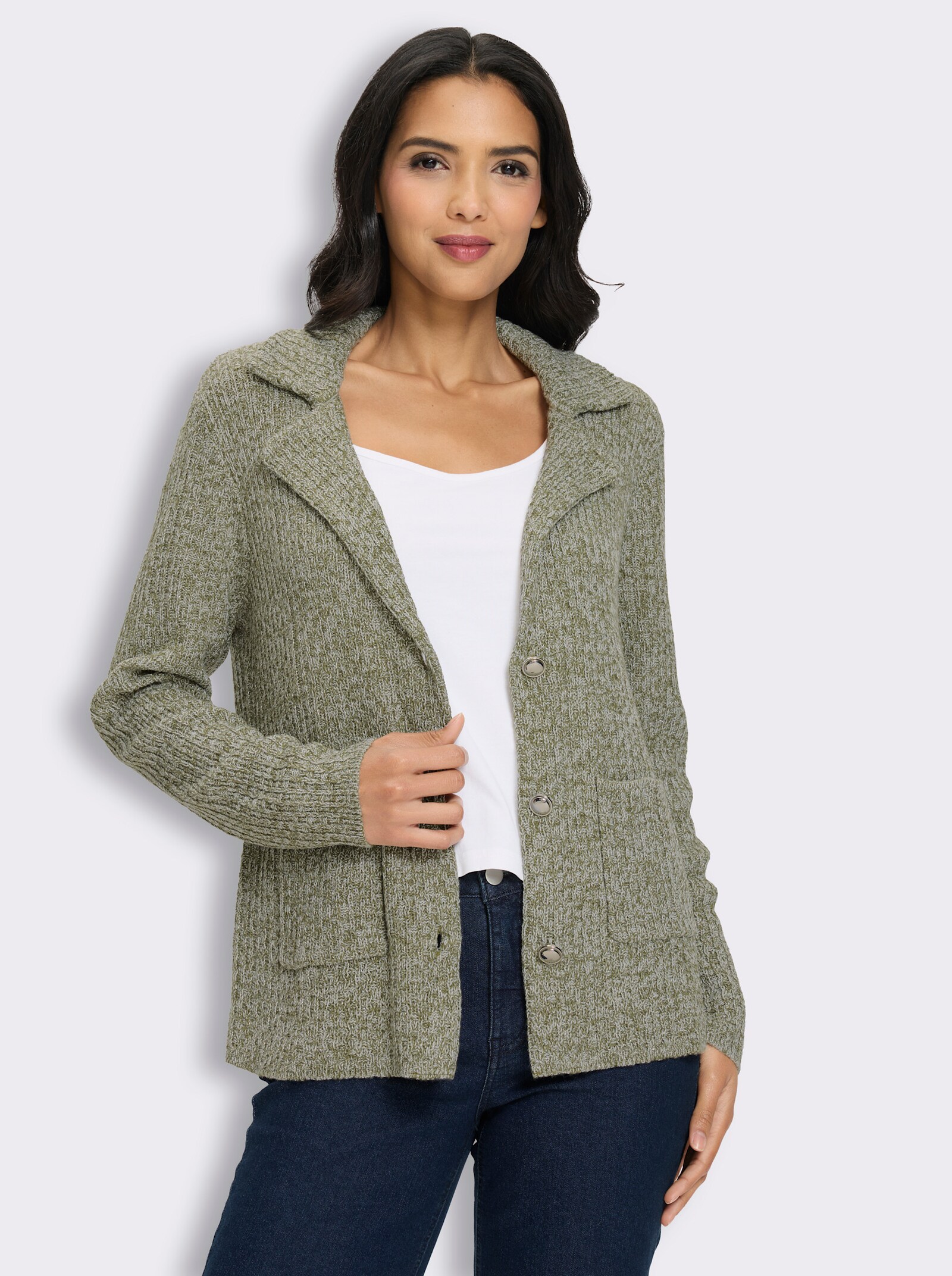 Strickjacke mit Glanzgarn - khaki-meliert