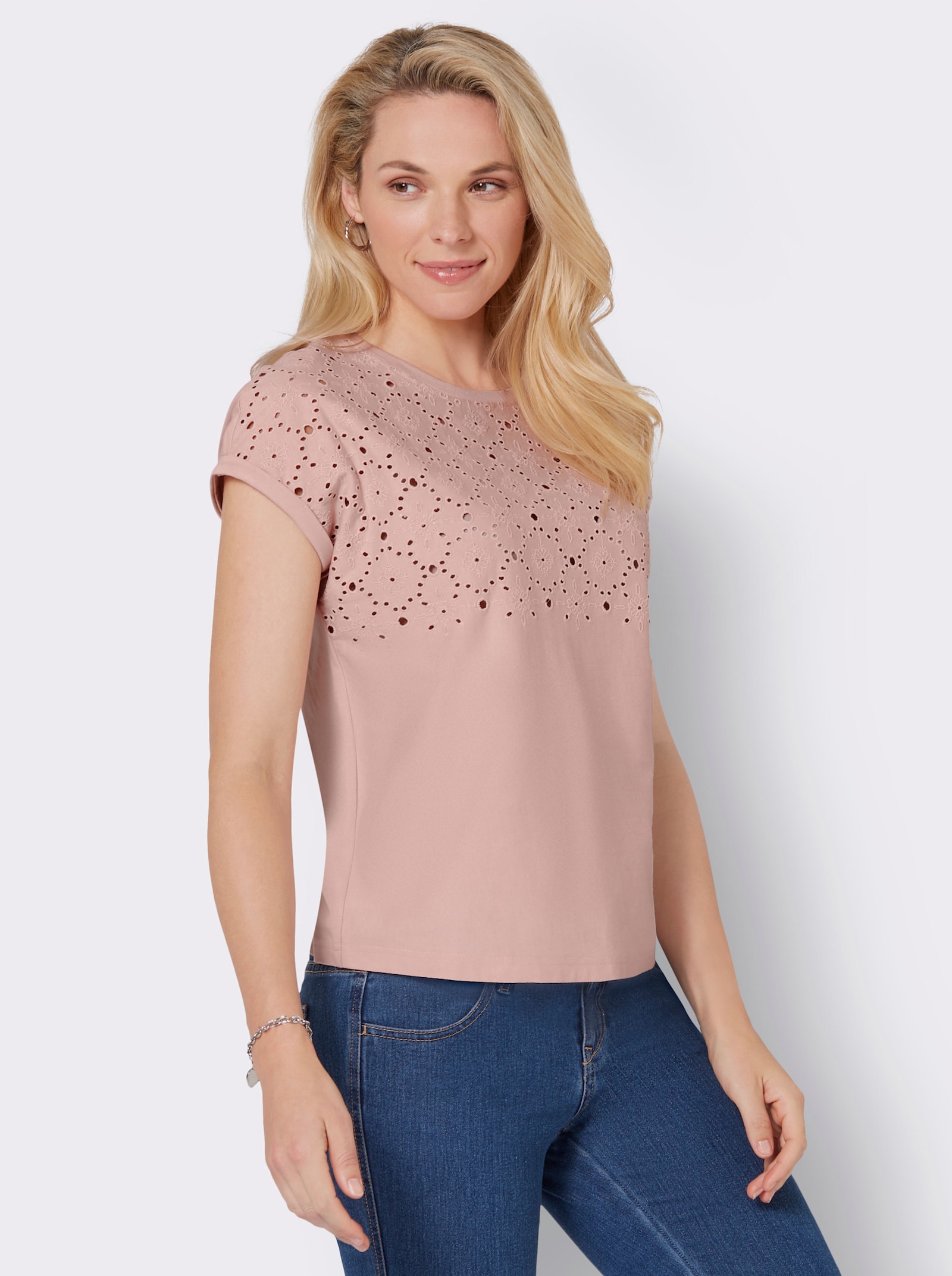 Rundhalsshirt mit Lochstickerei - puder
