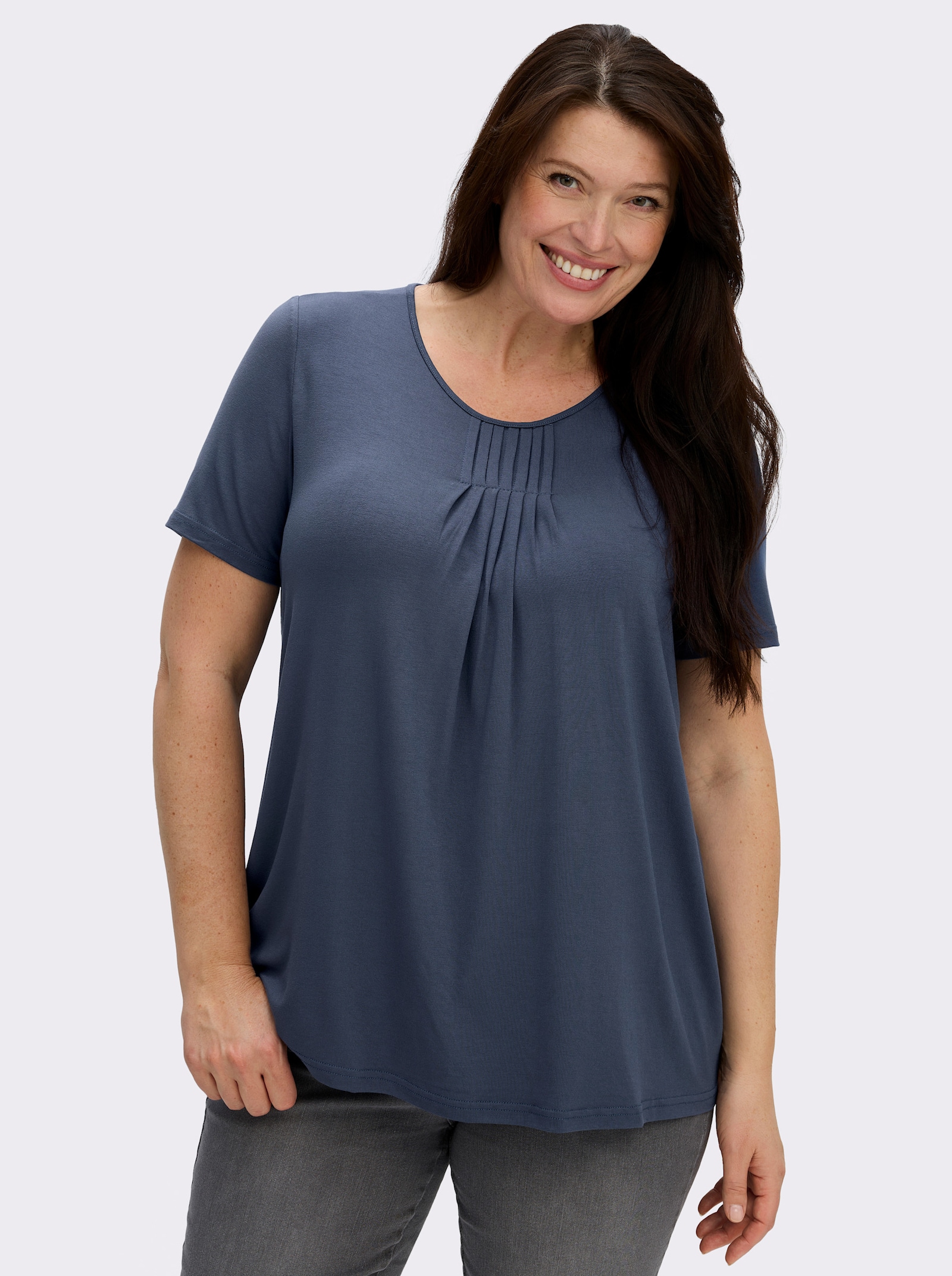 Rundhalsshirt in A-Form mit Falten - rauchblau