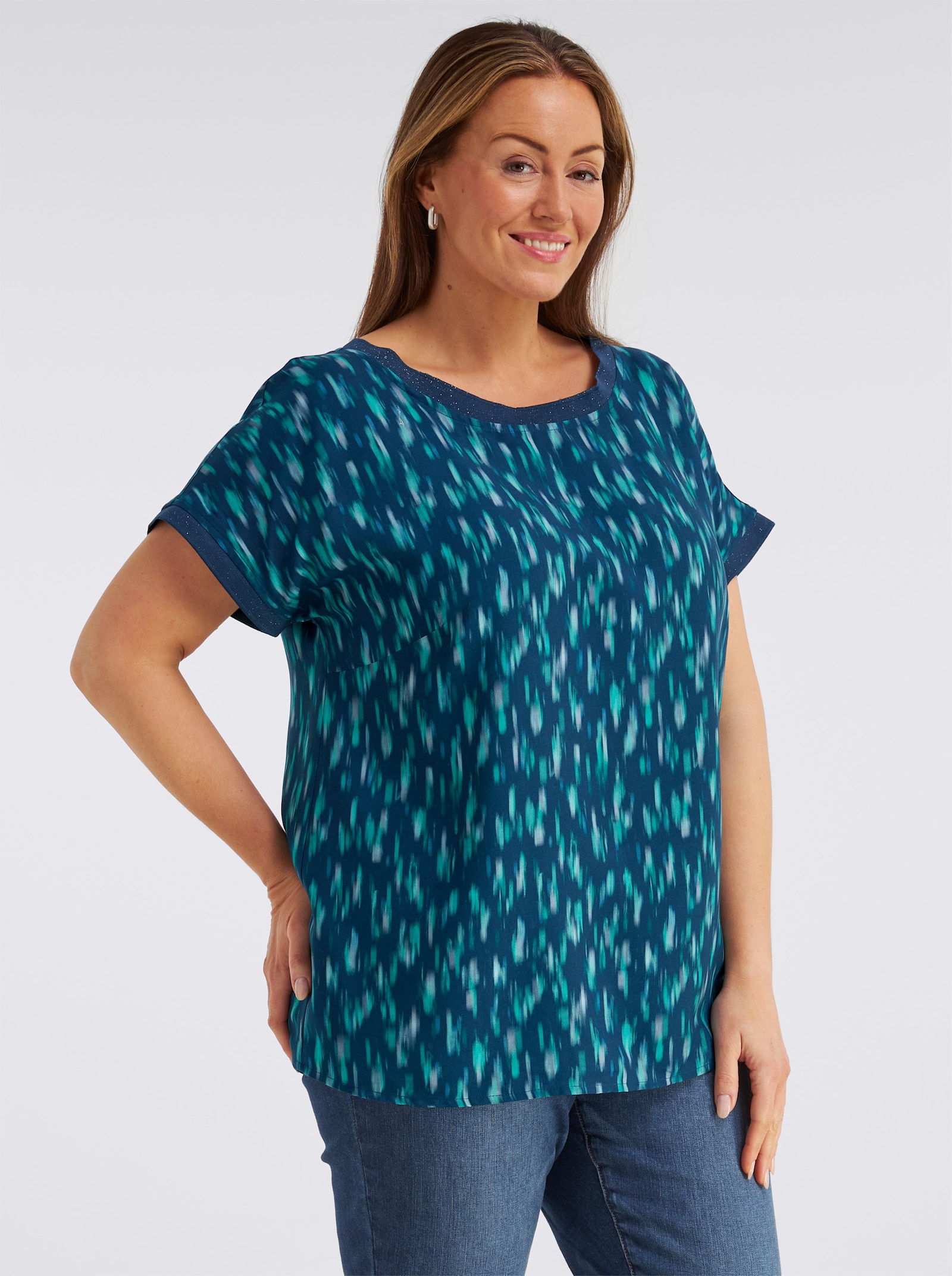 Druckbluse aus reiner, edler Viskose - dunkelblau-salbei-bedruckt