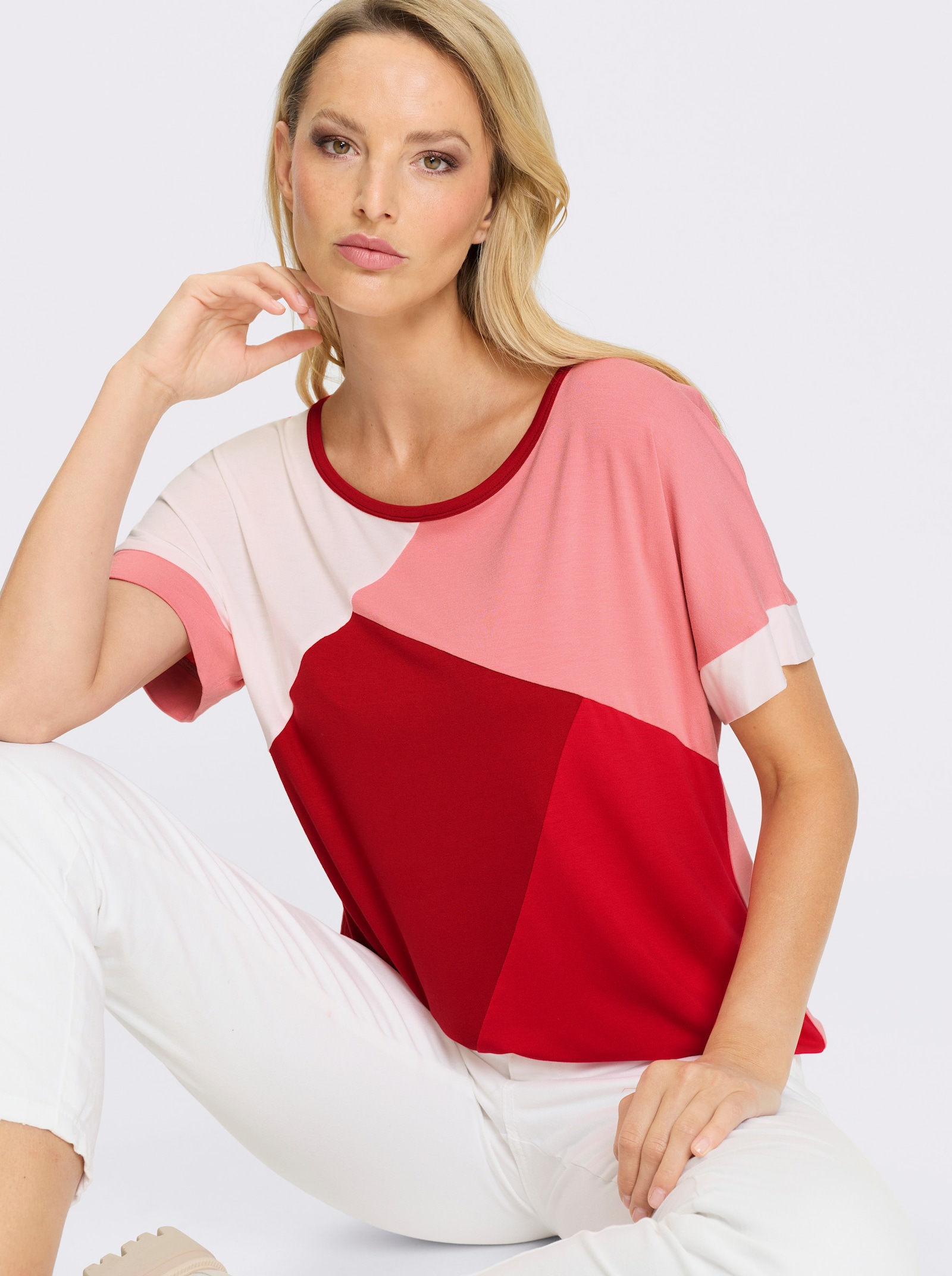 heine Rundhalsshirt im Colour Blocking - rot-pink-gemustert