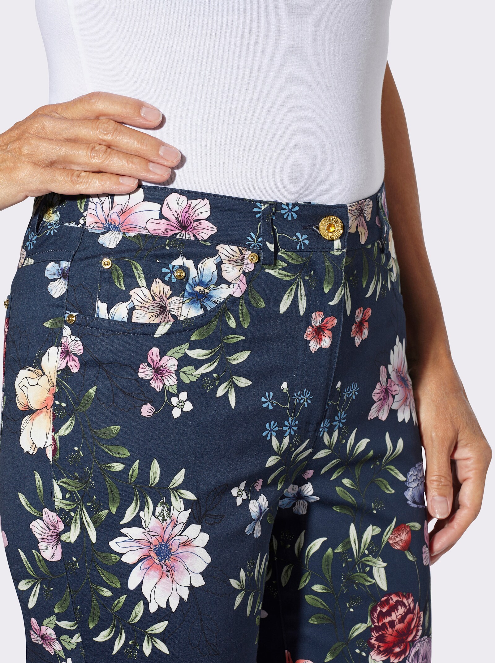 Broek met print en elastan - donkerblauw/orchidee bedrukt