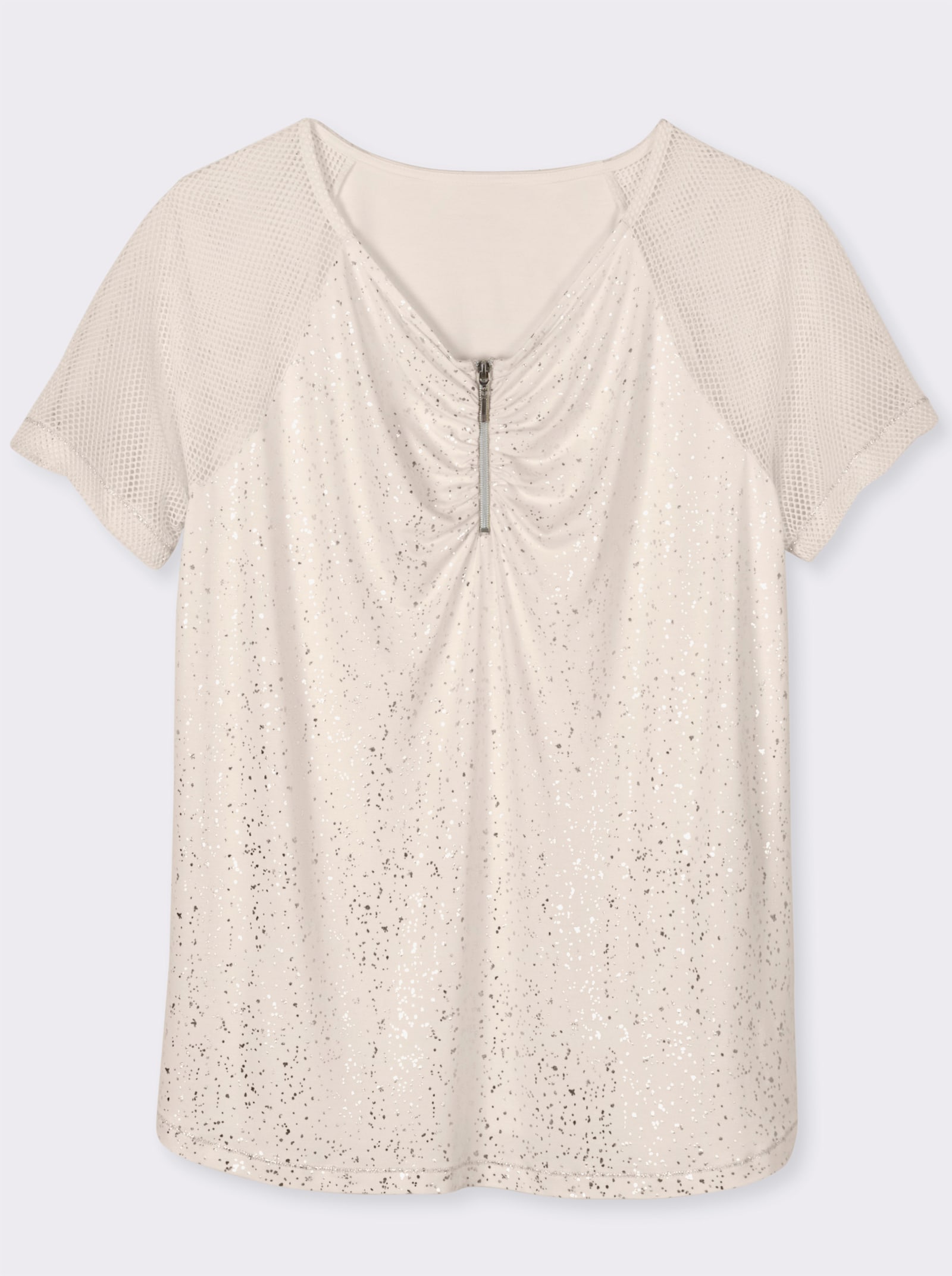 Kurzarmshirt mit glänzendem Folienprint - champagner-silberfarben-bedruckt