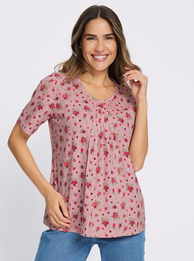 Kurzarmshirt mit Falten am Ausschnitt - hortensie-rot-bedruckt
