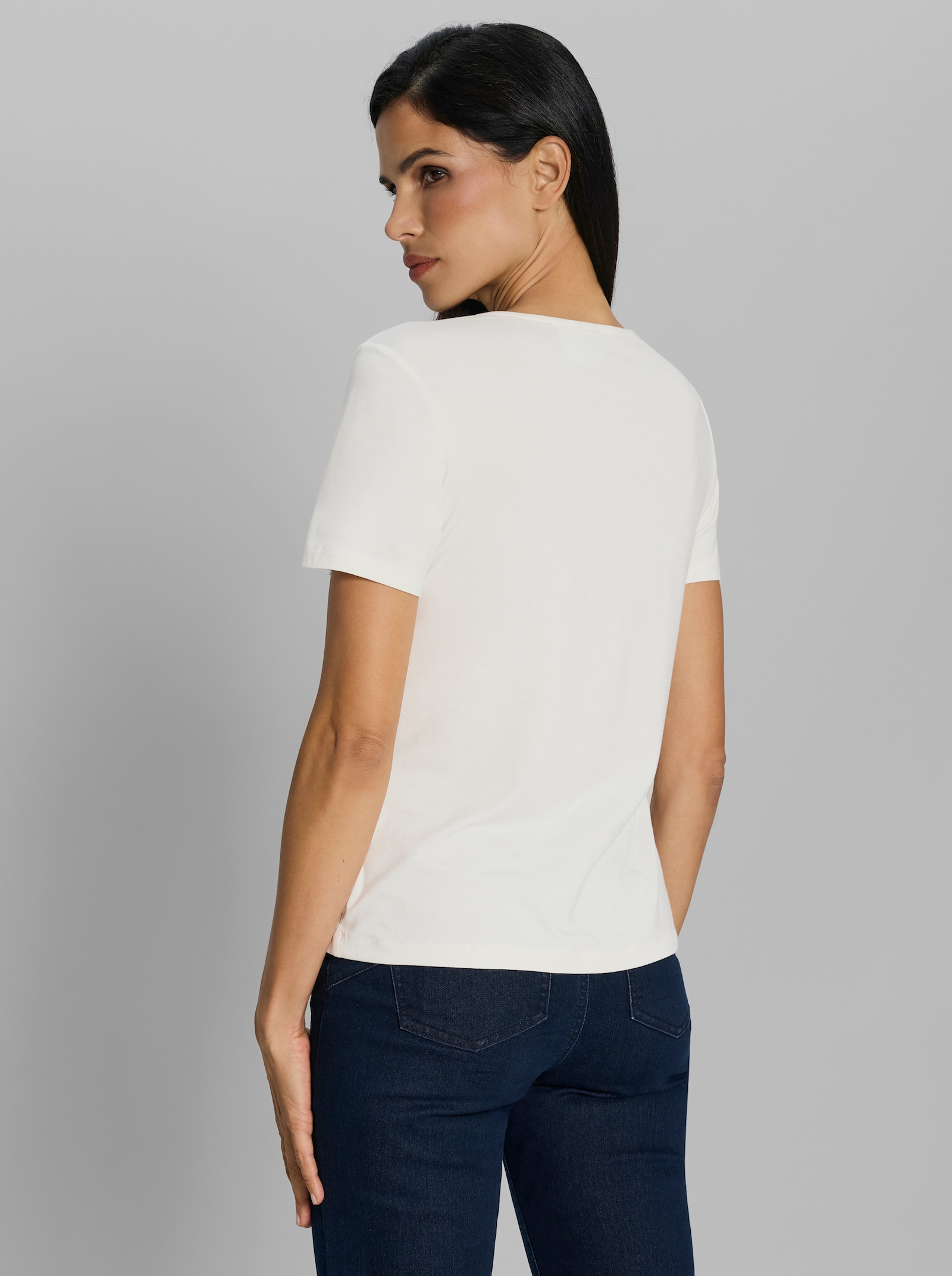 heine Kurzarmshirt mit floraler Stickerei - ecru-hellrosé-bedruckt