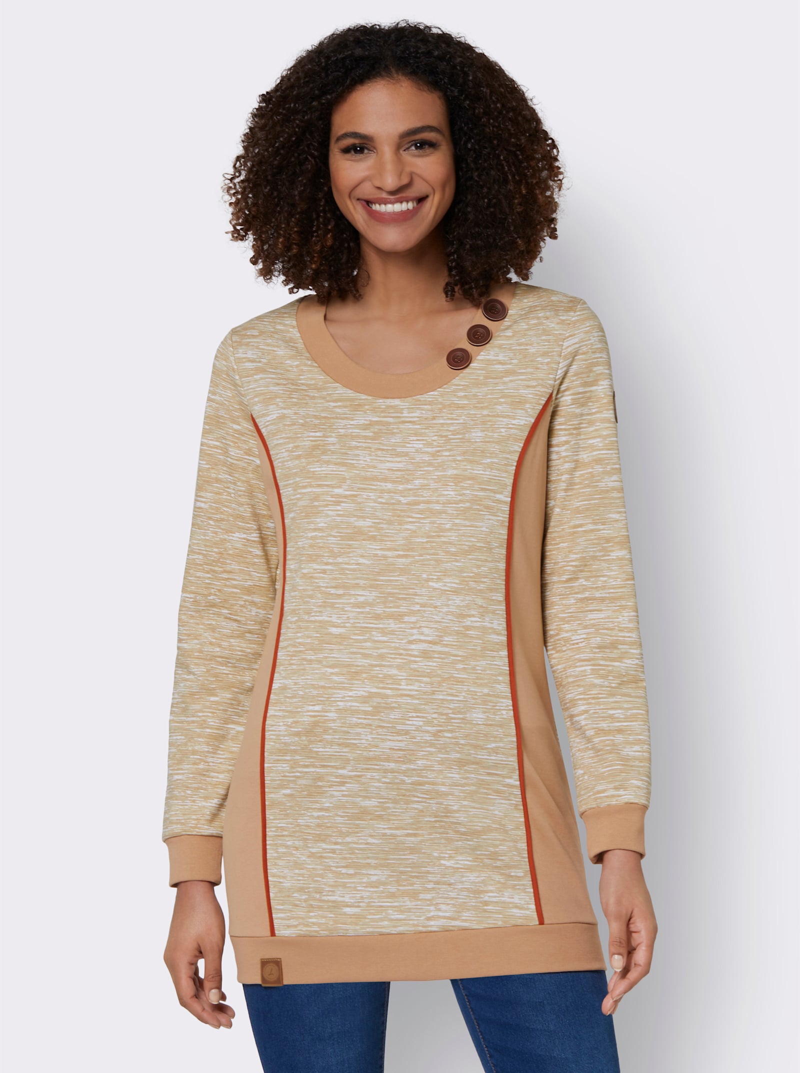 Sweatshirt in Longform - camel-weiß-meliert