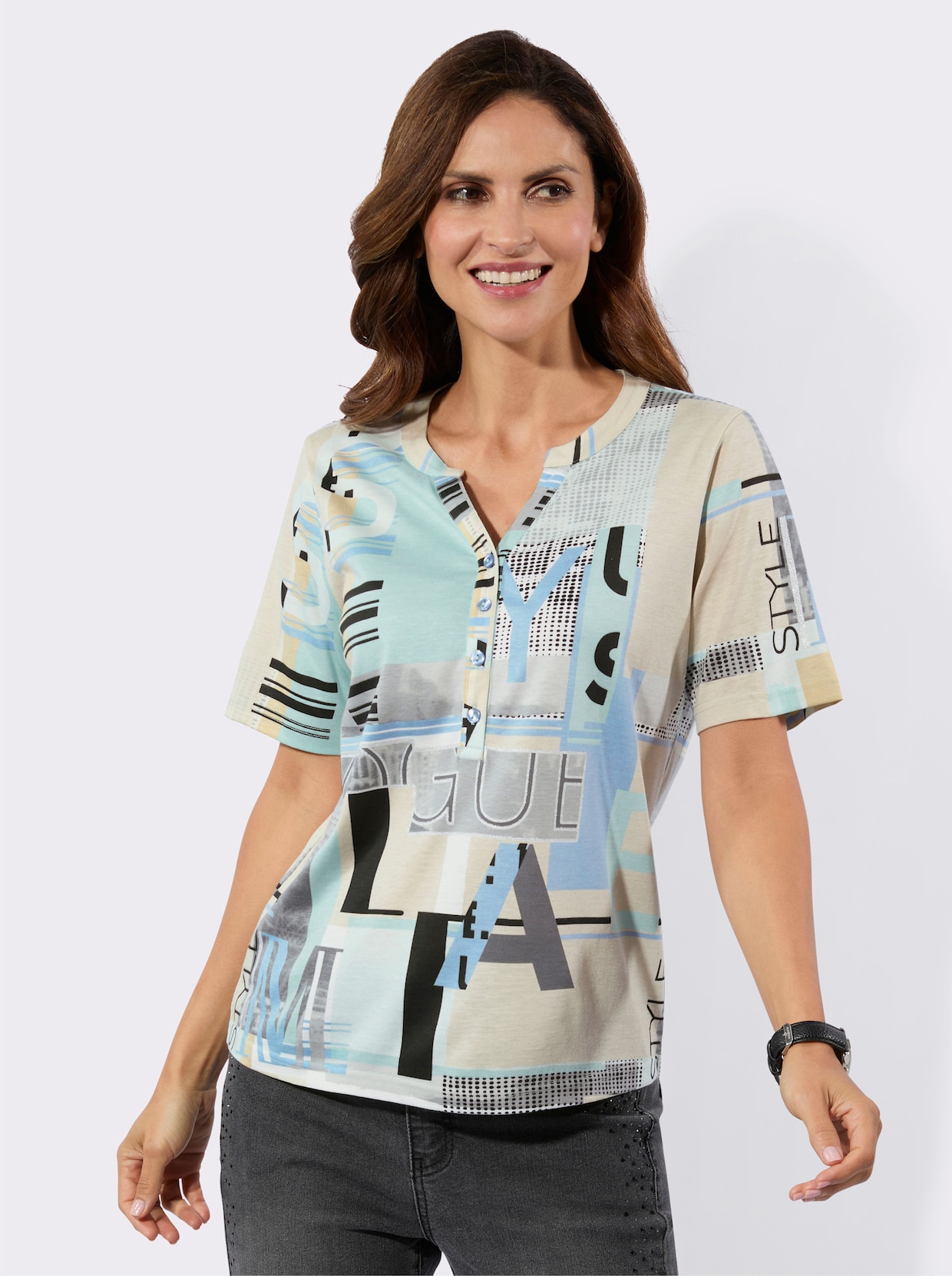 Kurzarmshirt im Baumwoll-Modal-Mix - bleu-sand-bedruckt